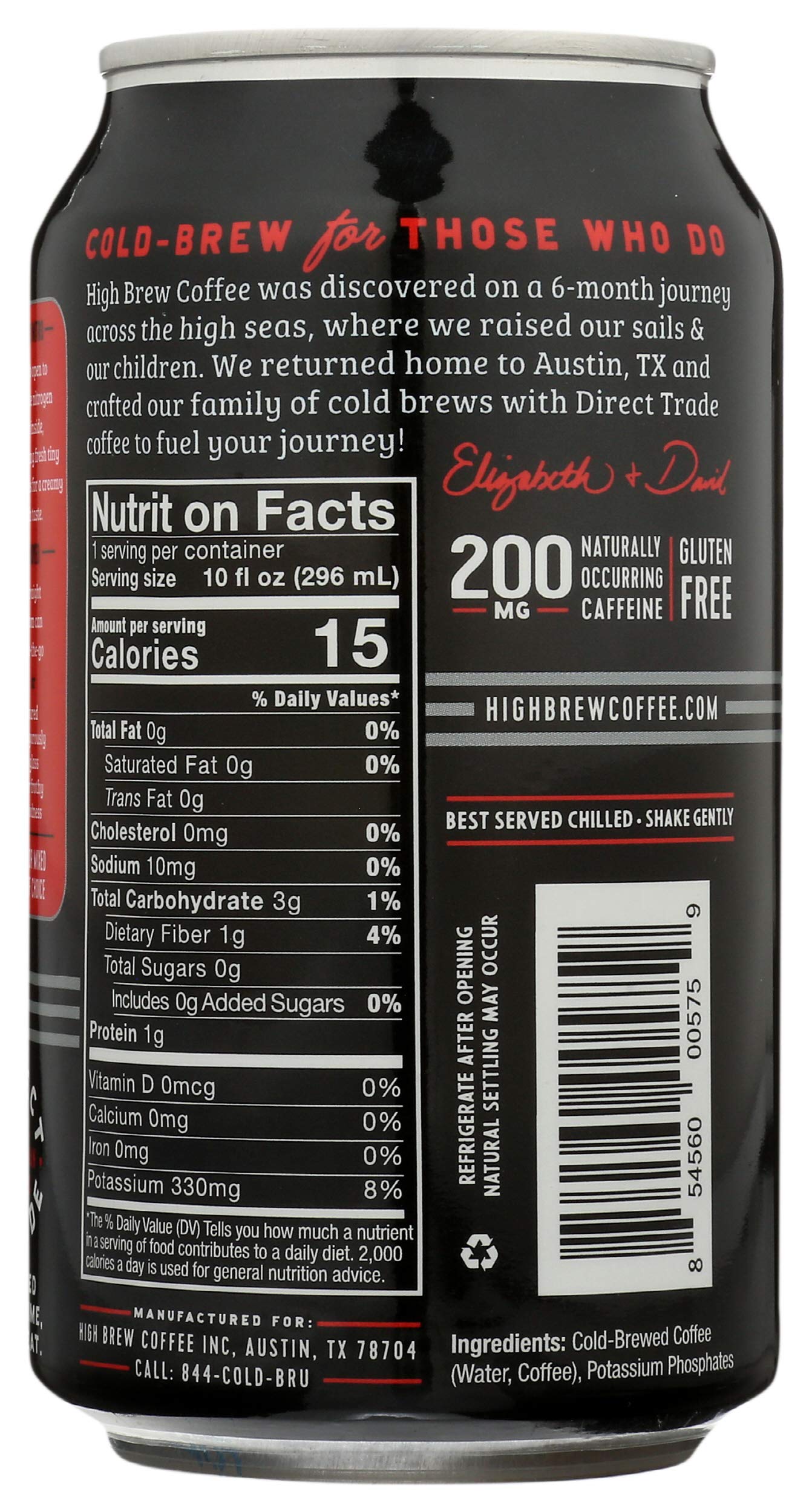 High Brew Coffee, Cold Brew, Nitro Black, Sugar Free & Dairy Free, 10