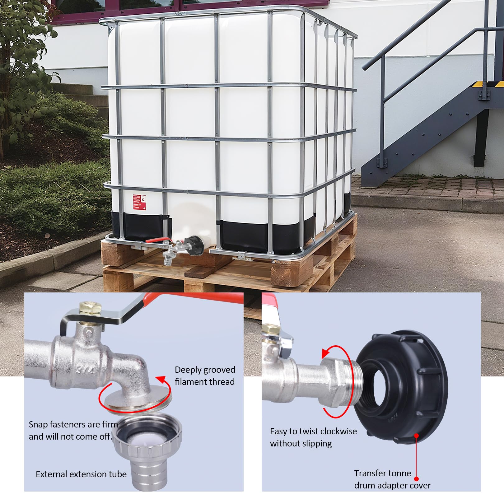 IBC zawór odpływowy 1/2" do zbiornika na deszczówkę 1000 l, akcesoria do zbiornika na wodę 3/4", z adapterem węża ogrodowego, akcesoria do zbiornika IBC, adapter do przyłącza