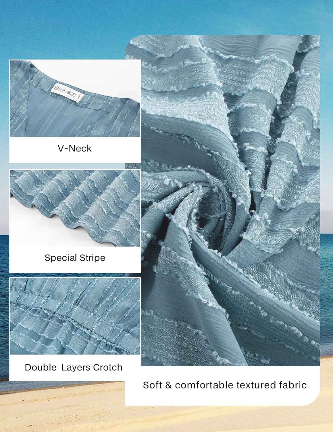 Hanna Nikole Plus Size Swimsuit Coverup, Textured Striped Elastic Waisted Coverups, V Neck Side Split Beach Cover Up - Image 5