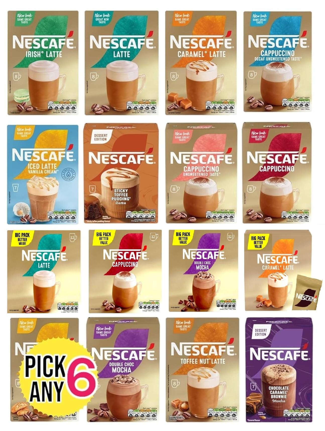 Nescafe Frothy Instant Coffee Sachets Pick Any 6 Packs From 20+ Flavours Inc. Starbucks, Decaf, Salted Caramel, Cappuccino, Latte, Mocha, Skinny, Iced, Oat, Toffee Nut, vanilla, Almond and More.