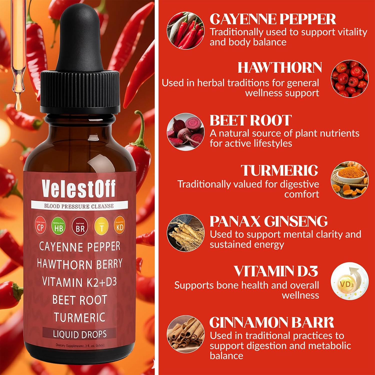 Velestoff Cayenne Pepper Drops, Velest Off Organic Cayenne Pepper Liquid Supplement with Hawthorn, Beet Root, Turmeric, Vitamin K2+D3 & Berberine Extract, Improves Stamina, Boosts Energy Levels (2) - Image 4
