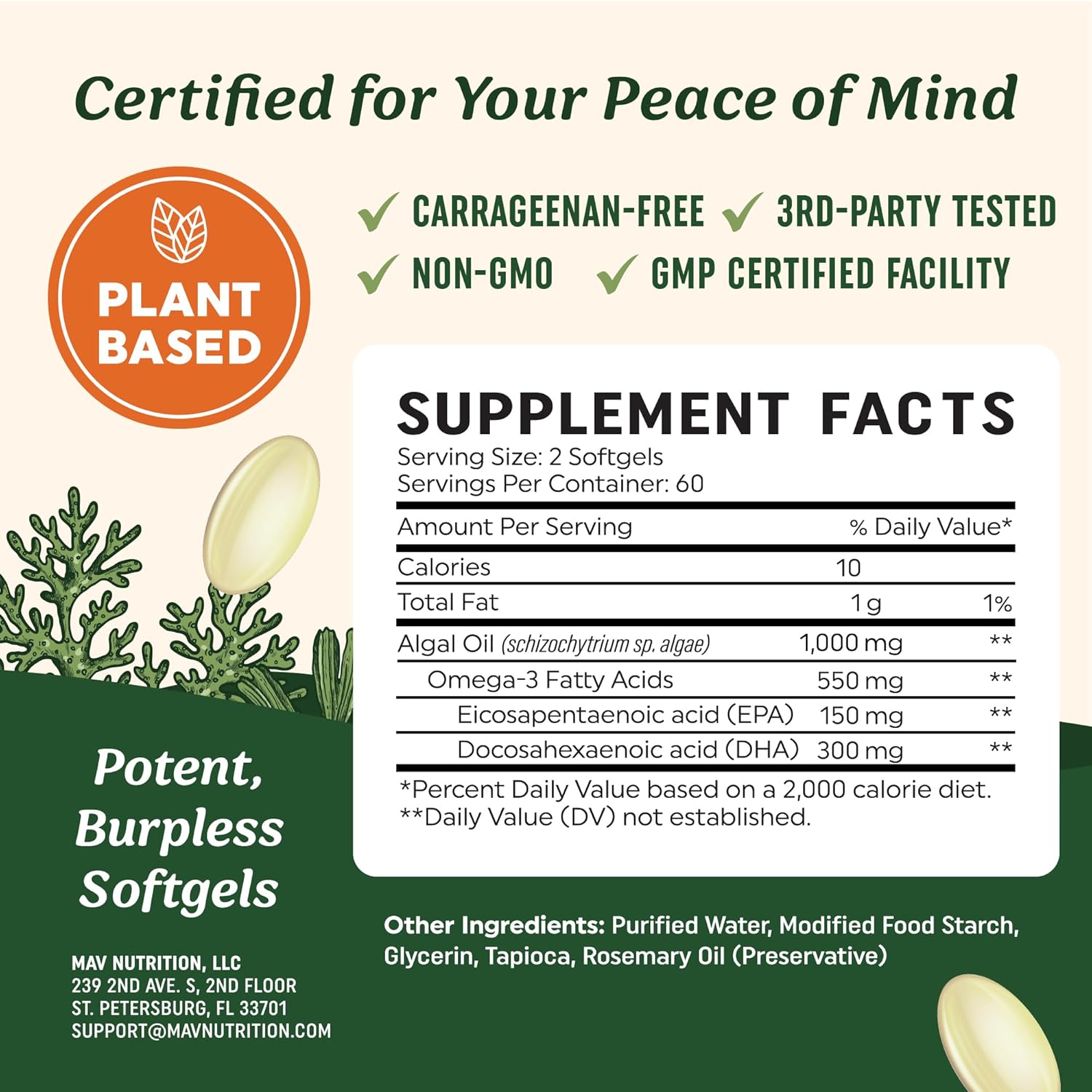 Vegan Omega 3 Algae Oil | Plant Based DHA EPA | Sustainably Sourced, No Carrageenan, Non GMO | Heart, Brain, and Eye Health | Fish Oil Alternative | Algae Omega 3 Supplement | 120 Softgel Capsules