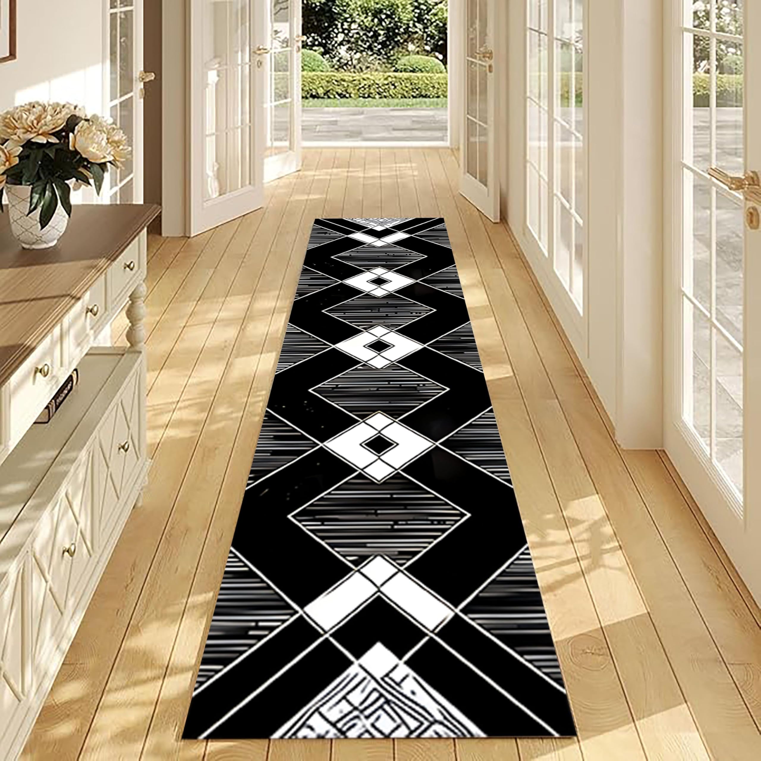 Black and White Hallway Runner Rug,120x300cm, Modern Geometric Lattice Lines Aesthetic Interior Decoration, Stylish Luxury Rugs Machine Washable Non-Slip Entrance Runner Rugs for Living Room Kitchen