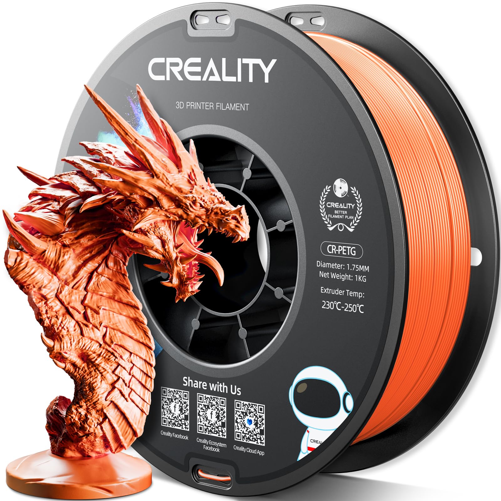 Creality PETG Filament 1.75mm, 3D Printer Filament 1KG(2.2lbs), High Precision, Strong Toughness, Odorless, Better Flow, Dimensional Accuracy +/- 0.02 mm, Moistureproof 3D Printing Filament, Orange