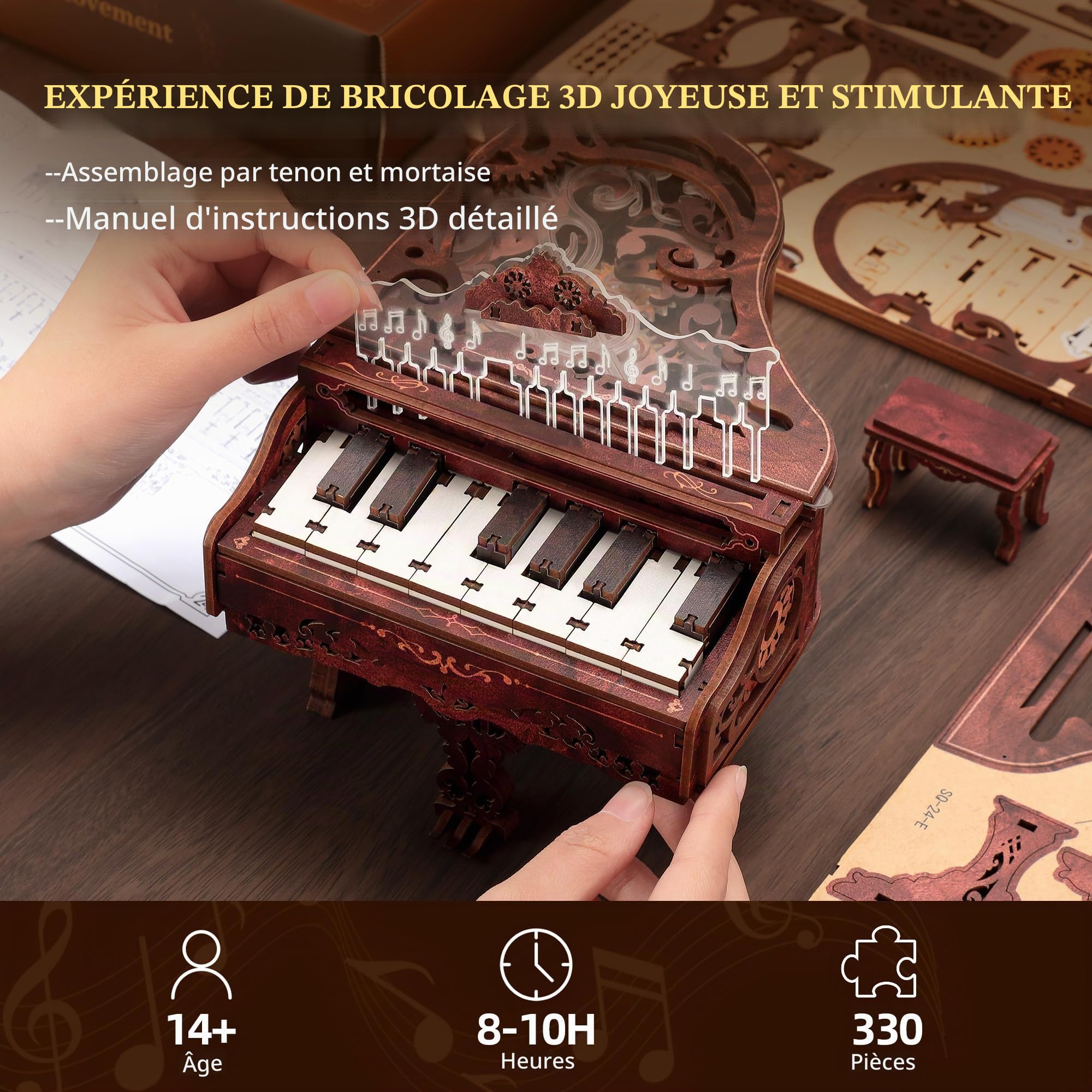FUNPOLA Kit de Piano Puzzle en Bois 3D avec LED, Modèle de Clavier Jouable avec Lumières LED, Kit de Bricolage Interactif & Puzzle de Piano Numérique pour Adultes（14+）