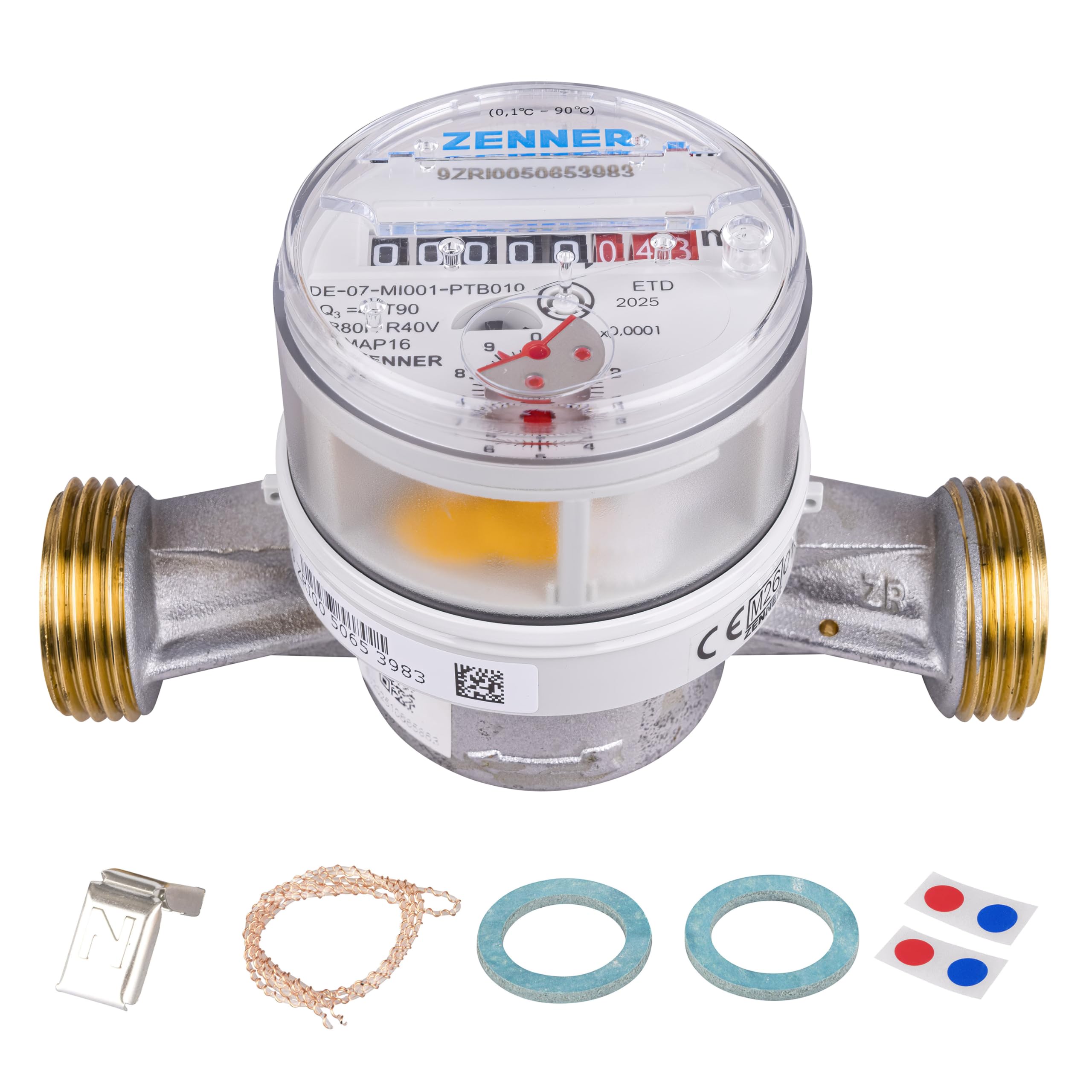 Zenner Compteur d'eau froide + chaude 3/4", longueur 130 mm, gris, avec raccords à vis et joints, calibrage 2026
