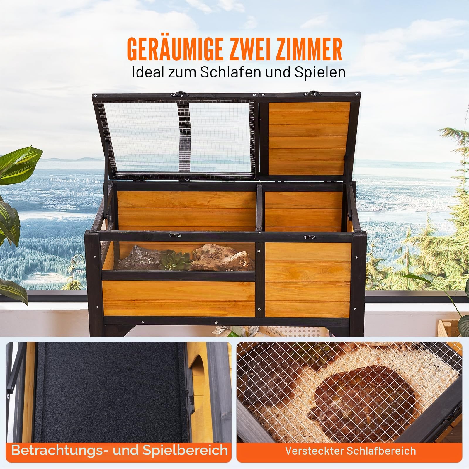 VEVOR Schildkrötenhaus, Terrarium aus Holz für drinnen/draußen, Schildkrötengehege mit Lichtständer, Reptilienkäfig mit Standbeinen für Schildkröte, Gecko, Eidechse, Schlange, 850 x 500 x 825 mm