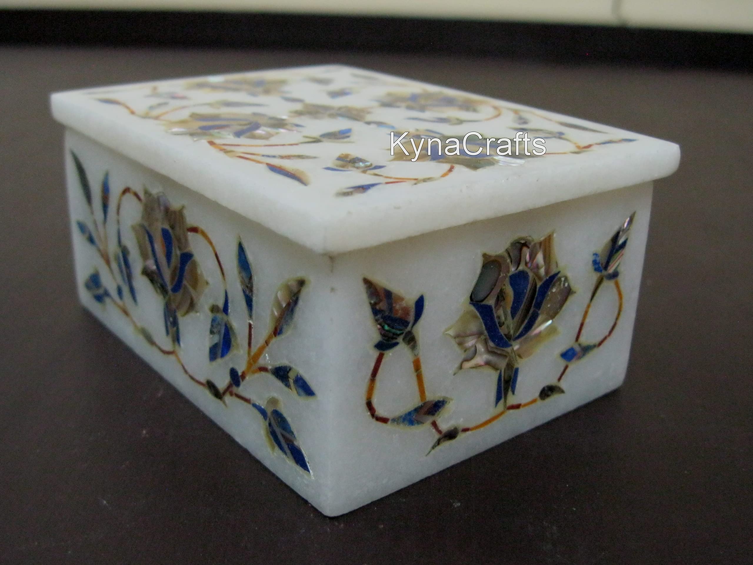 10,2 x 7,6 cm madreperla e lapislazzuli pietra intarsio di lavoro portagioie scatola rettangolare in marmo bianco scatola multiuso