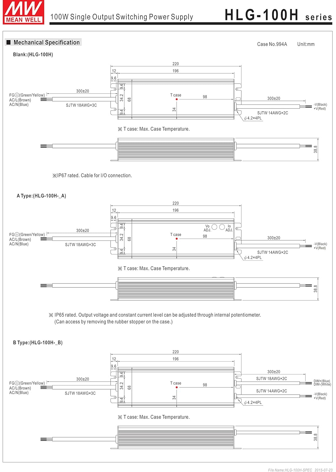 HLG-100H Mechanical Dimensions and Wiring Diagram (Blank and A-Type)