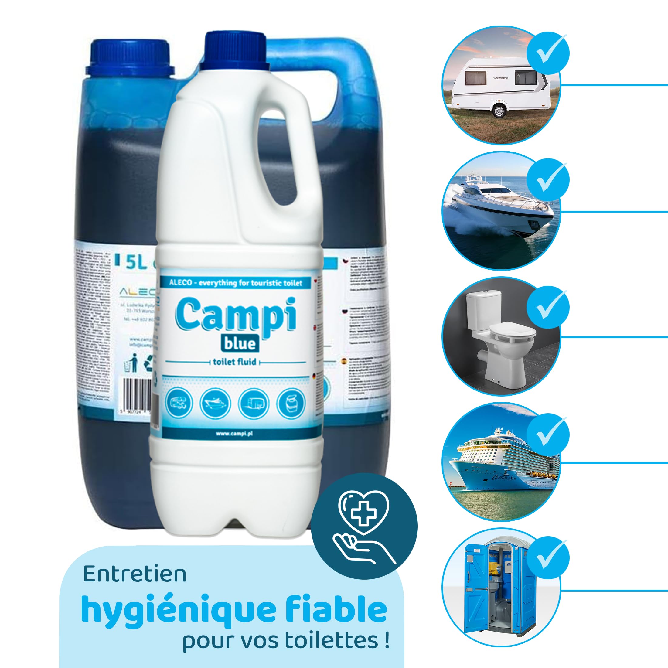 CAMPI Blue 5L – Liquide sanitaire & additif pour toilettes de camping – Produit chimique WC pour toilettes – Pour réservoir d’eaux usées de caravane et camping-car