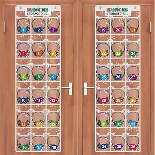 2 Pack Classroom Headphone Storage Organizer with 36 Pockets & 74 Labels | PVC Clear Classroom Pocket Chart for Headphone Cell Phone Over-the-Door Hanging Headphone Holder Bag for School Library,White