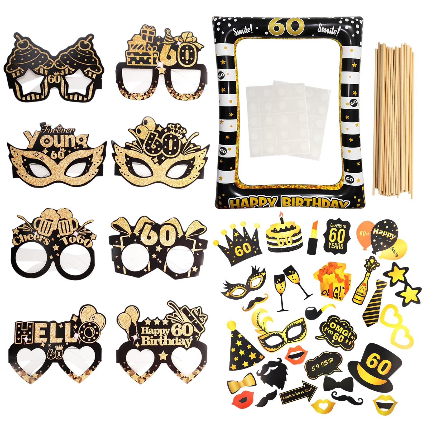 PAPAcroscoma 38PCS 60th Birthday Photo Booth Props, Black Gold Inflatable Photo Booth Frame, 8PCS Novelty Birthday Glasses, Funny Selfie Props for Men Women 60th Birthday Party Decorations Gifts