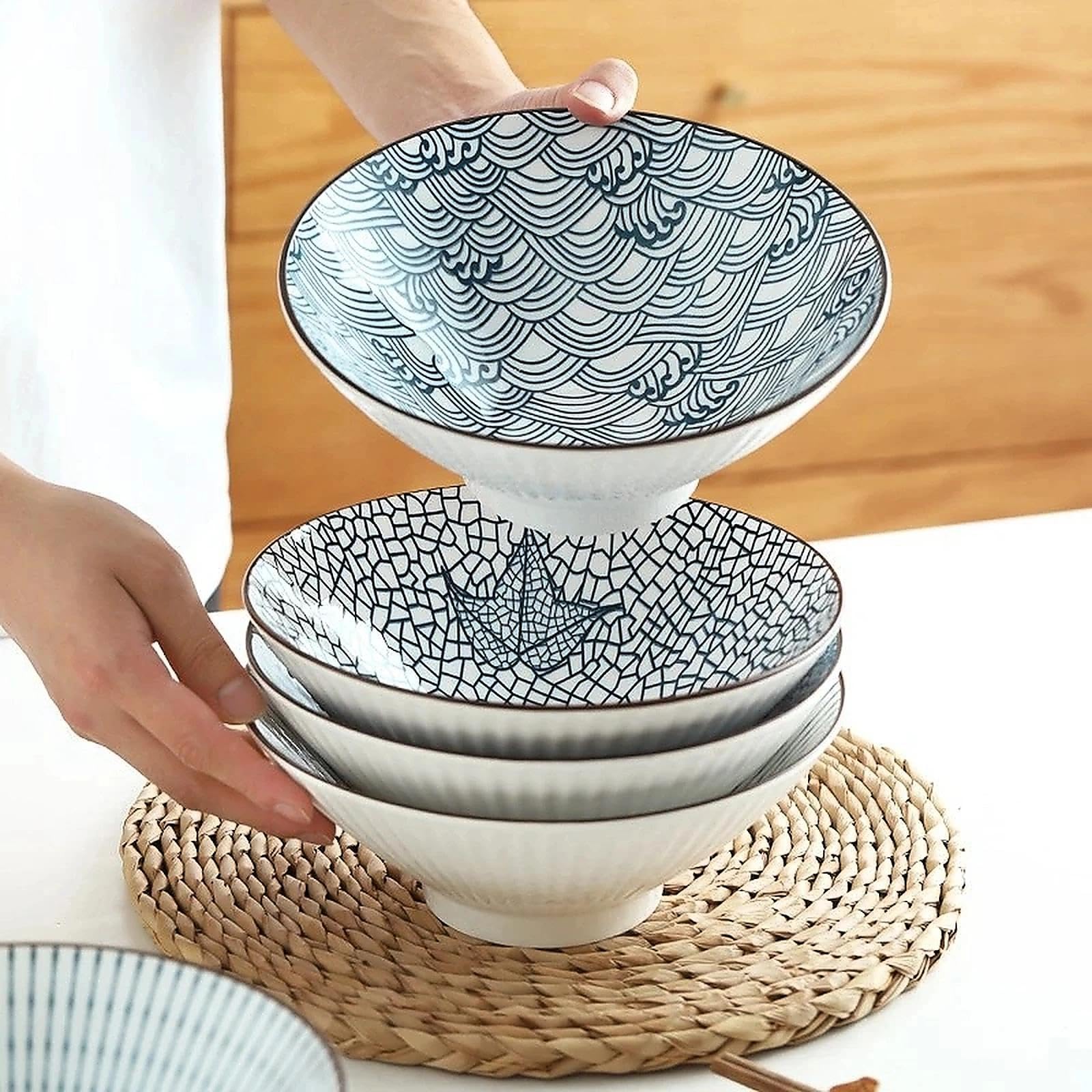 Japońska miska do ramenu, zestaw ceramicznych misek do zupy, ryżu, pho, makaronu lub płatków śniadaniowych, nadaje się do kuchenki mikrofalowej i zmywarki, 20 cm porcelanowa zastawa obiadowa, zestaw