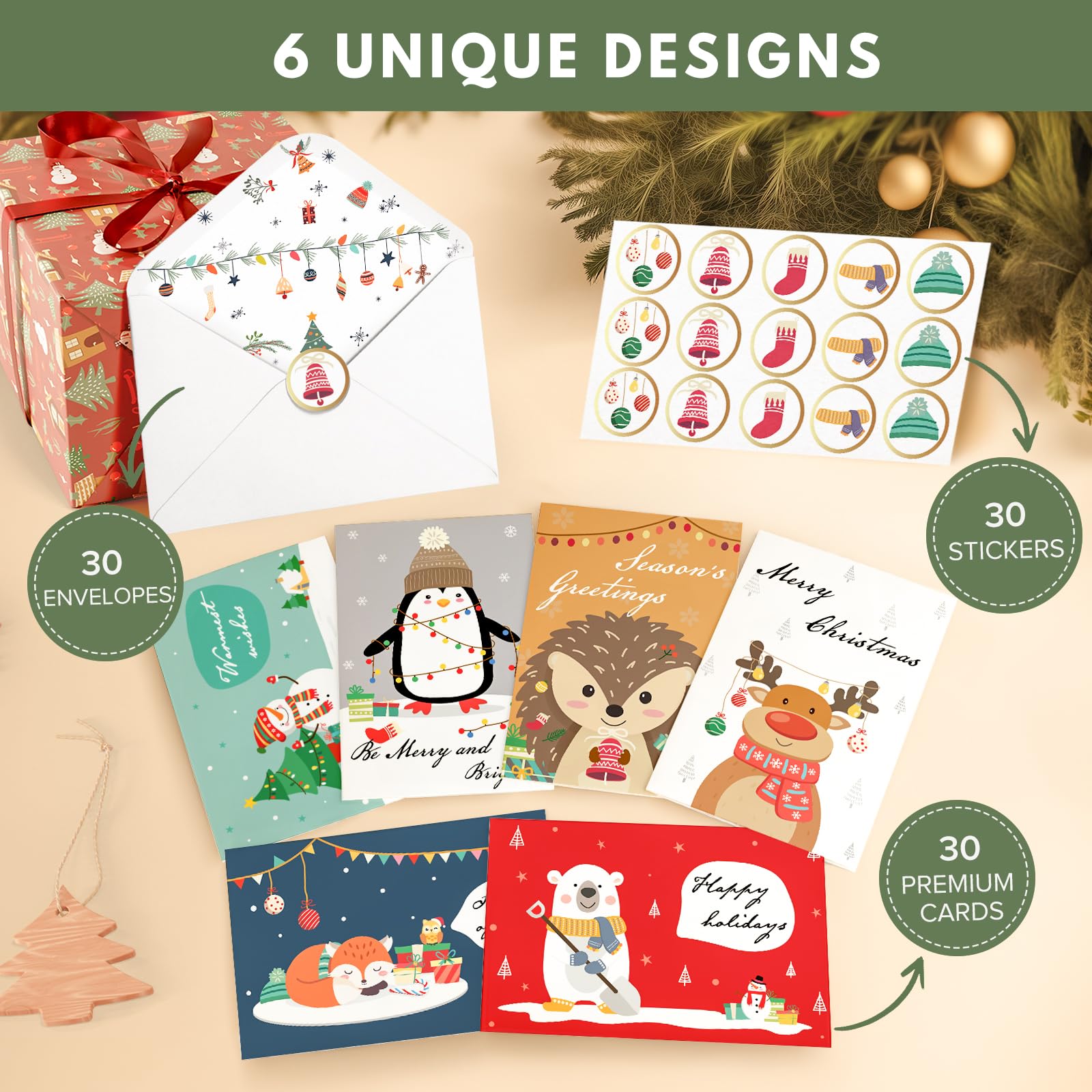BGTCARDS Tarjetas de Navidad, 30 tarjetas de Feliz Navidad con sobres, 6 diseños surtidos, tarjetas de felicitación a granel y Año Nuevo, perfectas para enviar cálidos deseos de vacaciones a amigos y
