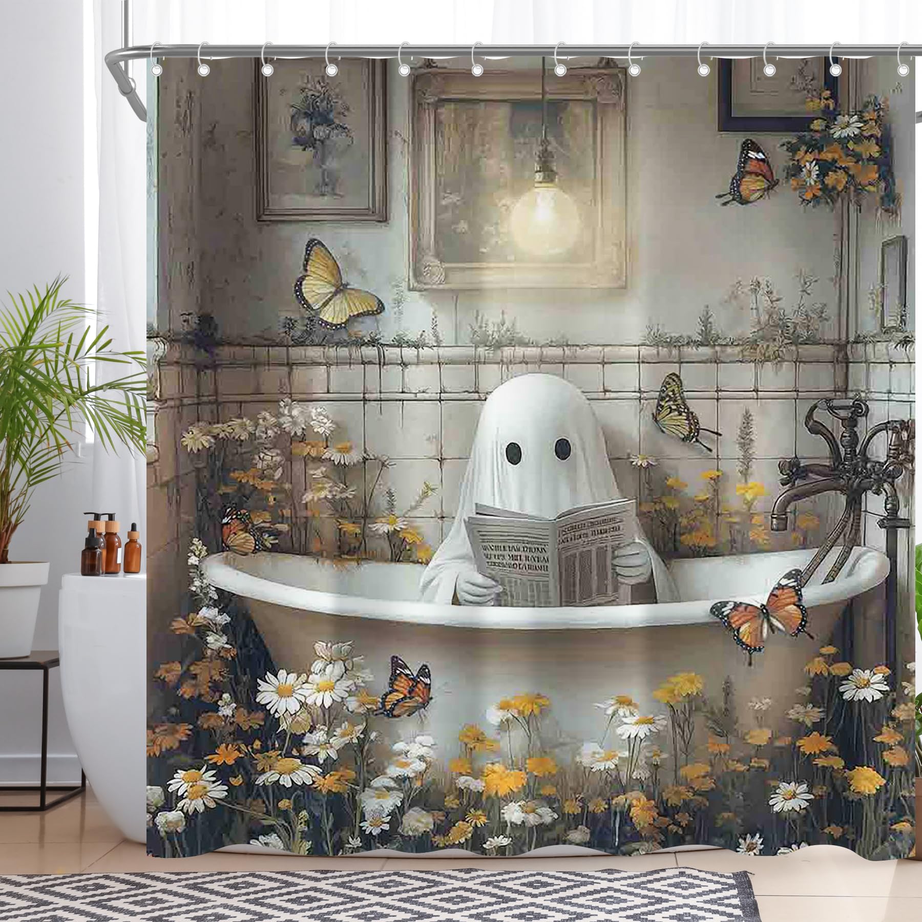 YCUCUEI Halloween Ghost Shower Curtain for Bathroom Spooky Tub Flower Daisy Butterfly Horror Painting Home Decorations Sets with 12 Hooks Waterproof Polyester 72
