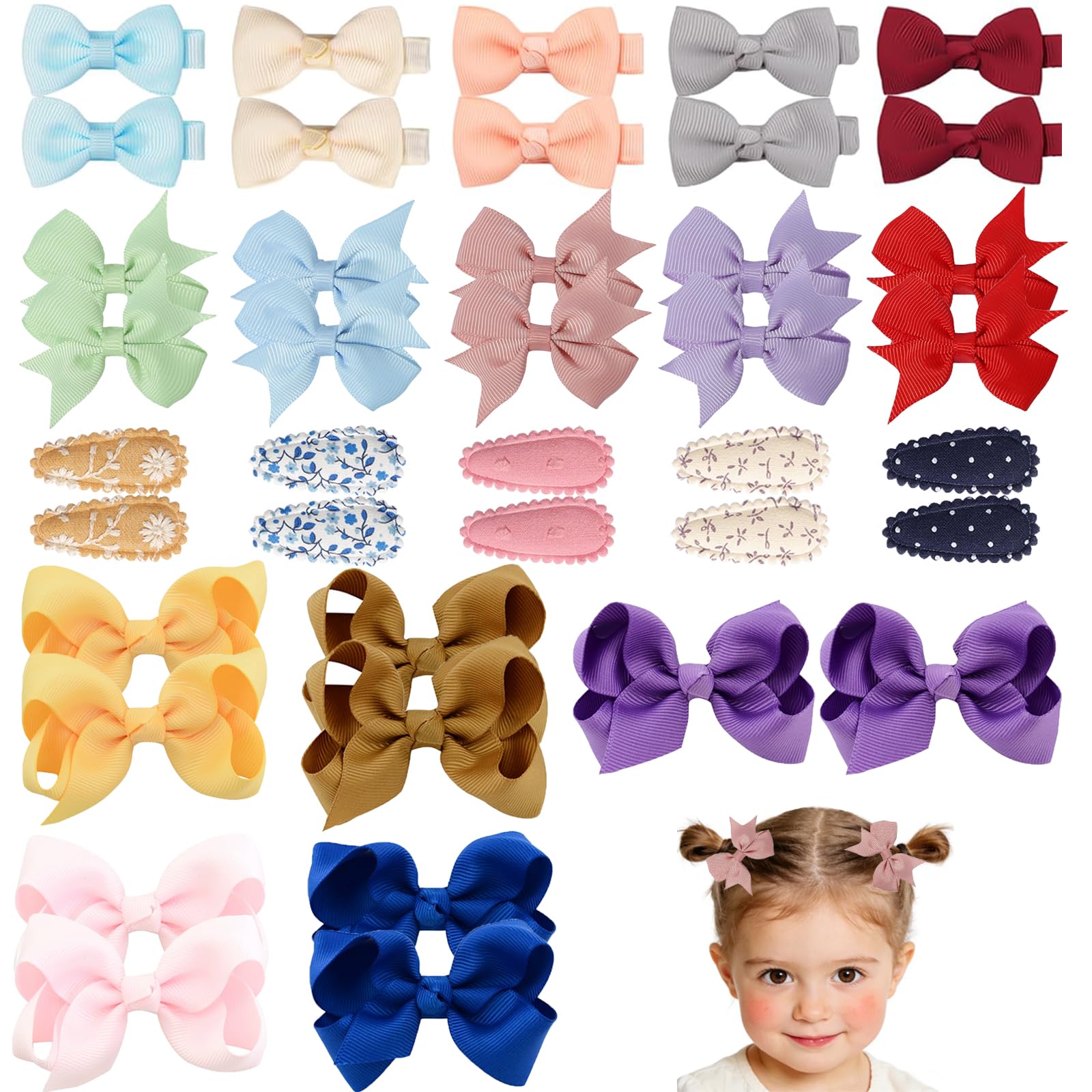 40 Pcs Baby Hair Clips and Bows Fully Lined Girls Hair Bow Clips 4 Types Alligator Clips Hair Accessories for Girls Toddlers - KAMHBE