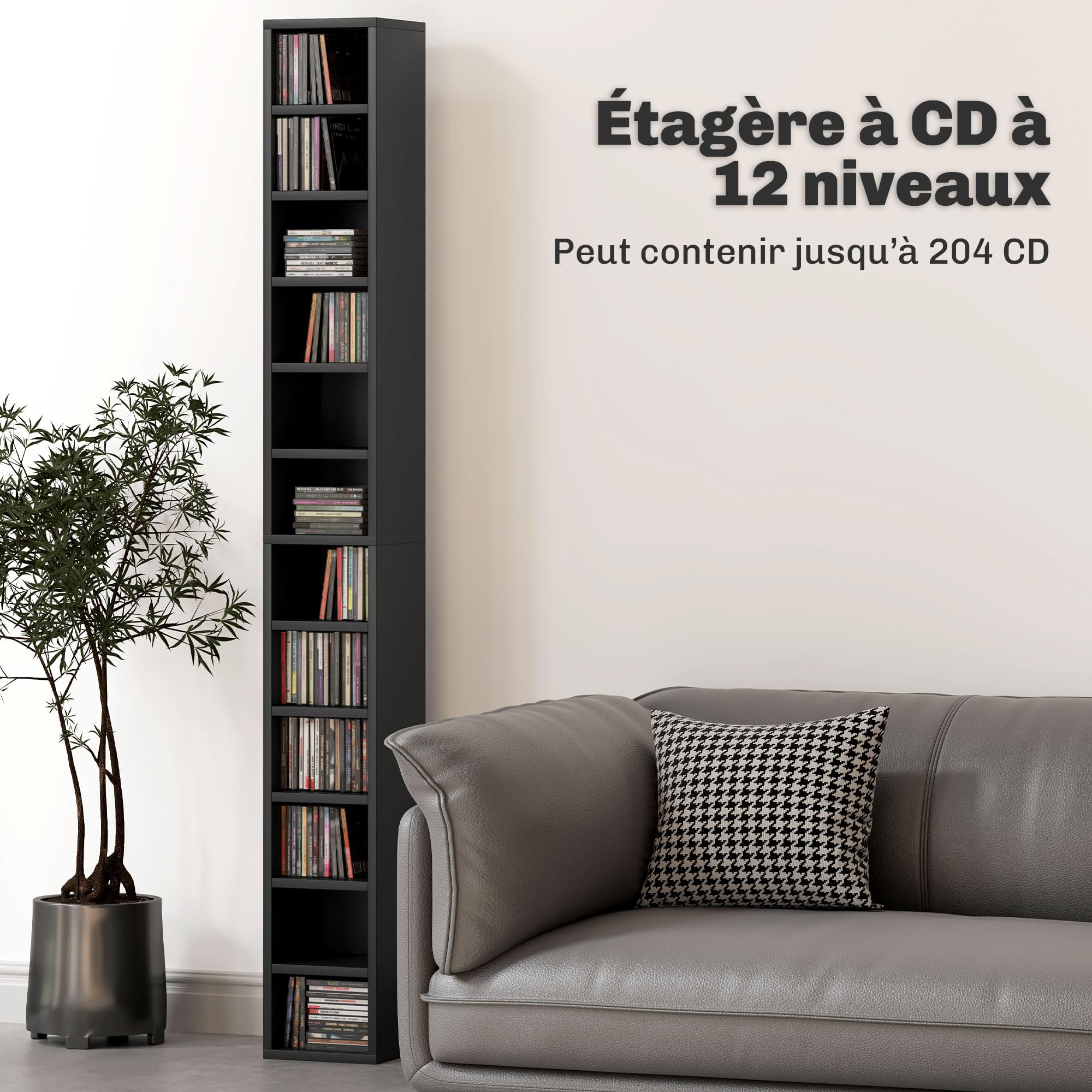 HOMCOM 204 Estante para CD Estrecho 12 Niveles 175 cm, Negro