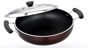 FUTENSILS Non Stick Aluminium Flat Base cookware Kadhai Dia 28 cm / 3mm, Weight 1.070 Kg Capacity - 2.5L with Steel Lid Round Model Gas Compatible
