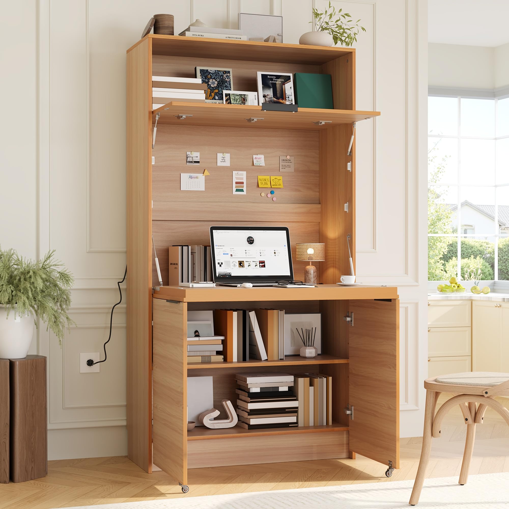 Merax 69" Multifunctional Kitchen Pantry Buffet with Hutch, Foldable Secretary Desk & Power Outlet, Adjustable Shelf Storage Cabinet for Dining Room,