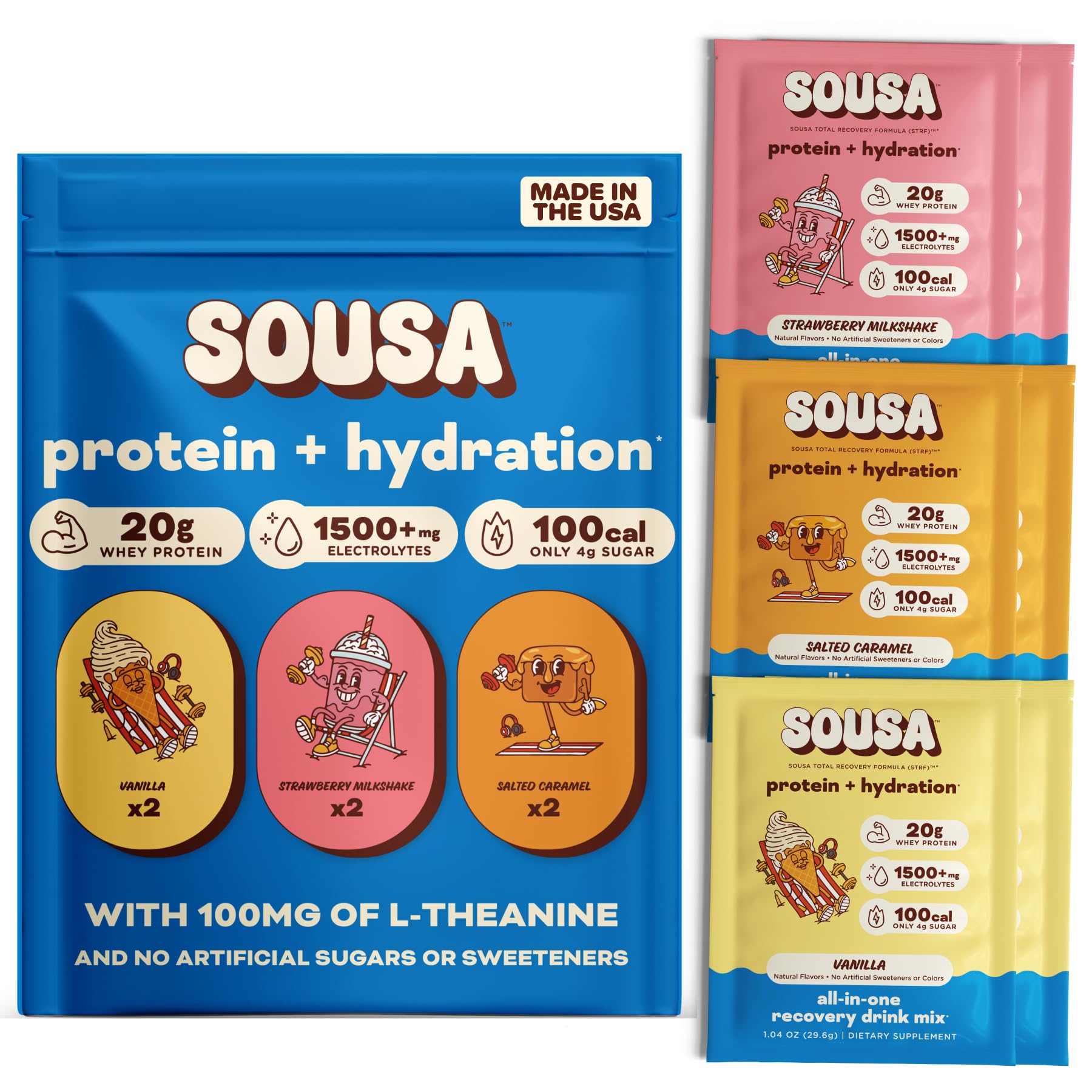 Sousa Whey Protein Isolado com Eletrólitos, 20 g de proteína, 6 sachês