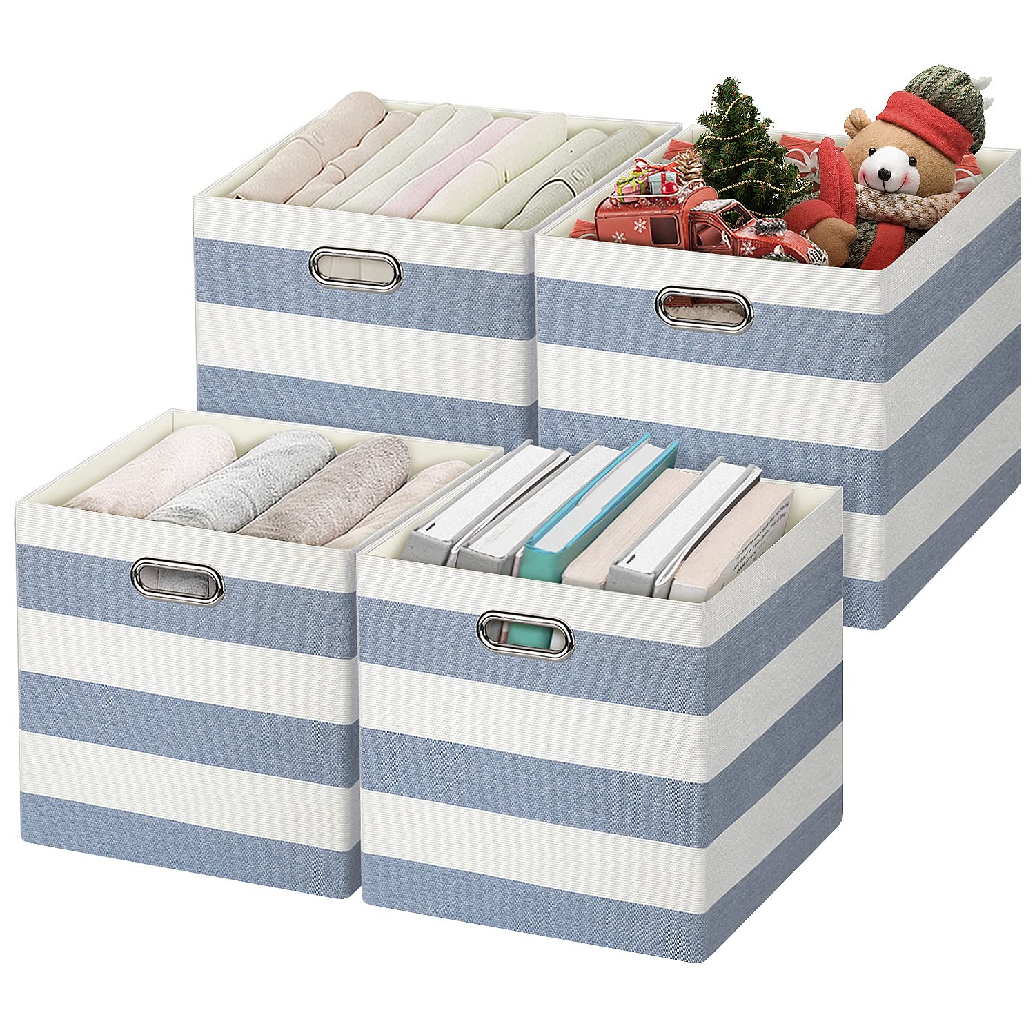 Posprica Collapsible Storage Bins,13×13 Fabric Storage Cubes Basket Containers Drawers for Nurseries,Offices,Closets (Set of 4, Blue-white Striped)