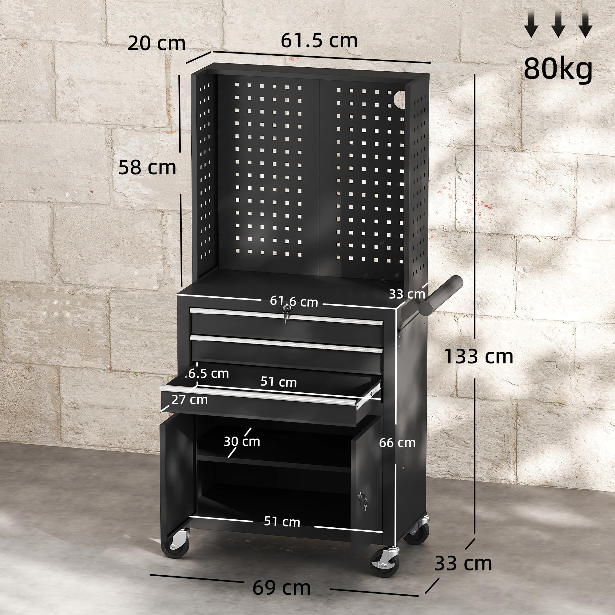 HOMCOM Carrello Porta Attrezzi in Acciaio con Serrature, Carrello Portautensili da Officina con Piano di Lavoro, 3 Cassetti, Armadio, Pannelli Forati, Ruote, Maniglia, Capacità 80kg, Nero