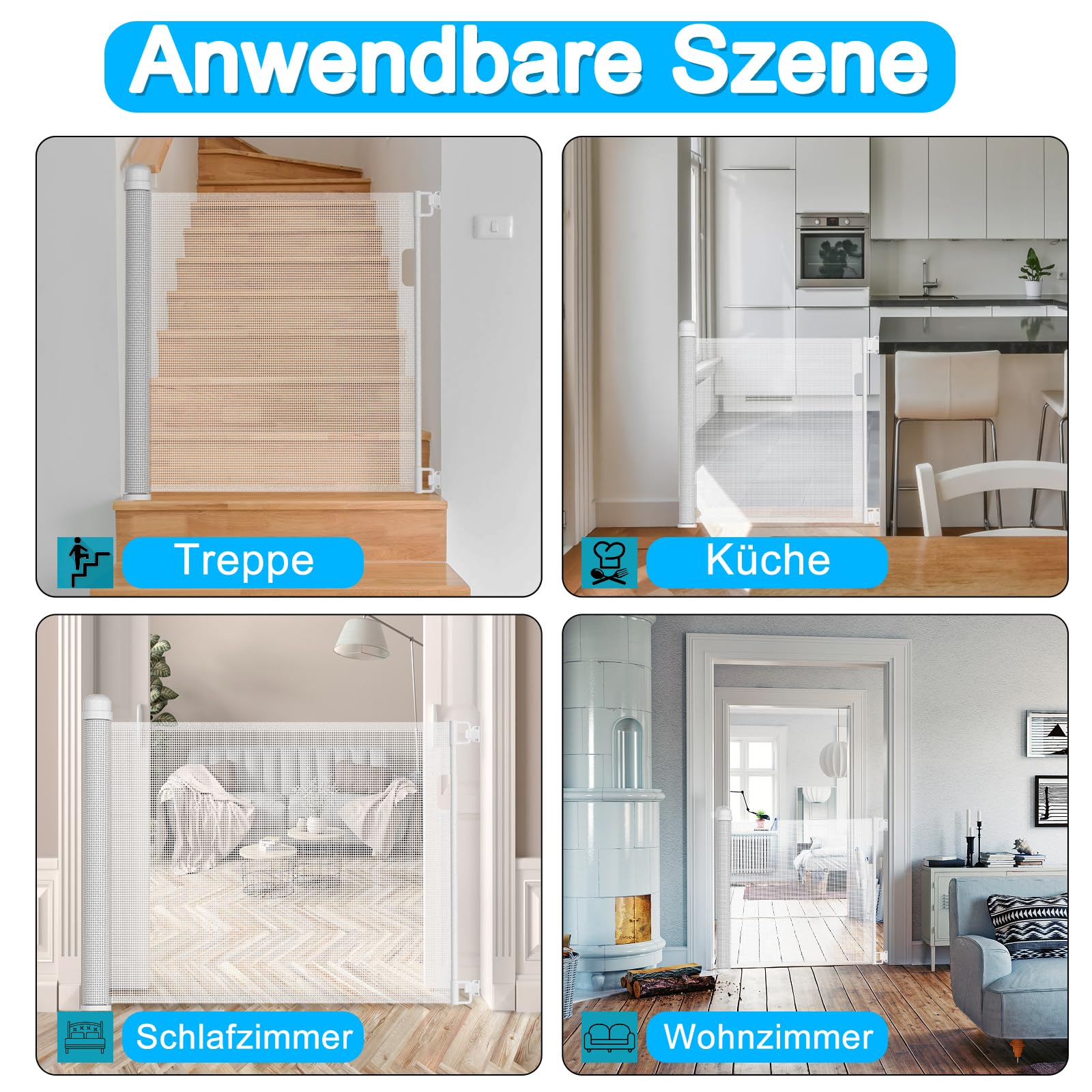 UISEBRT Cancelletto di sicurezza per porta a rullo, cancelletto di sicurezza per scale a rullo, estensibile 0-180 cm, barriera, cancelletto per porta per cani, per neonati e animali domestici, bianco