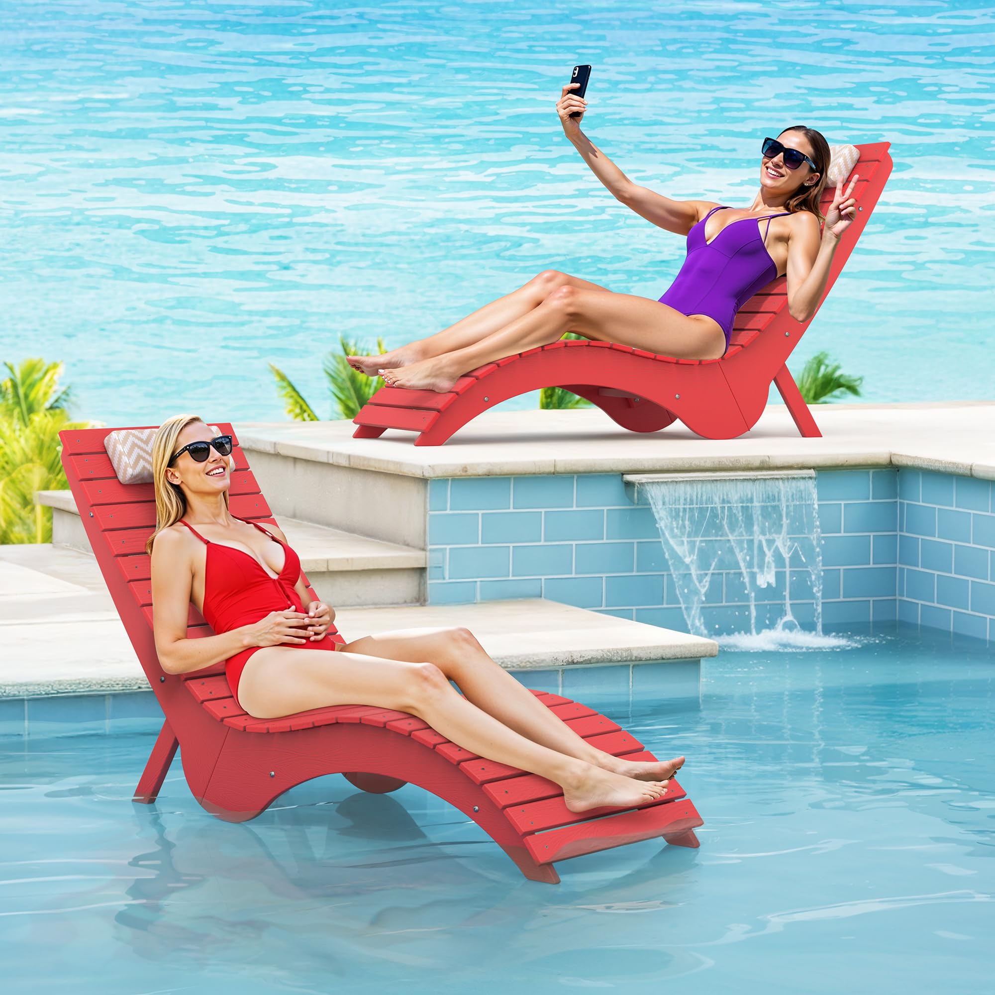 Pool Lounge Chairs Set of 2 - Anti-Floating HDPS Design for Pools & Backyard Sun Decks, Weighted Pool Chairs and Lounges for Poolside or Outside, Includes Headrest, Bright Red