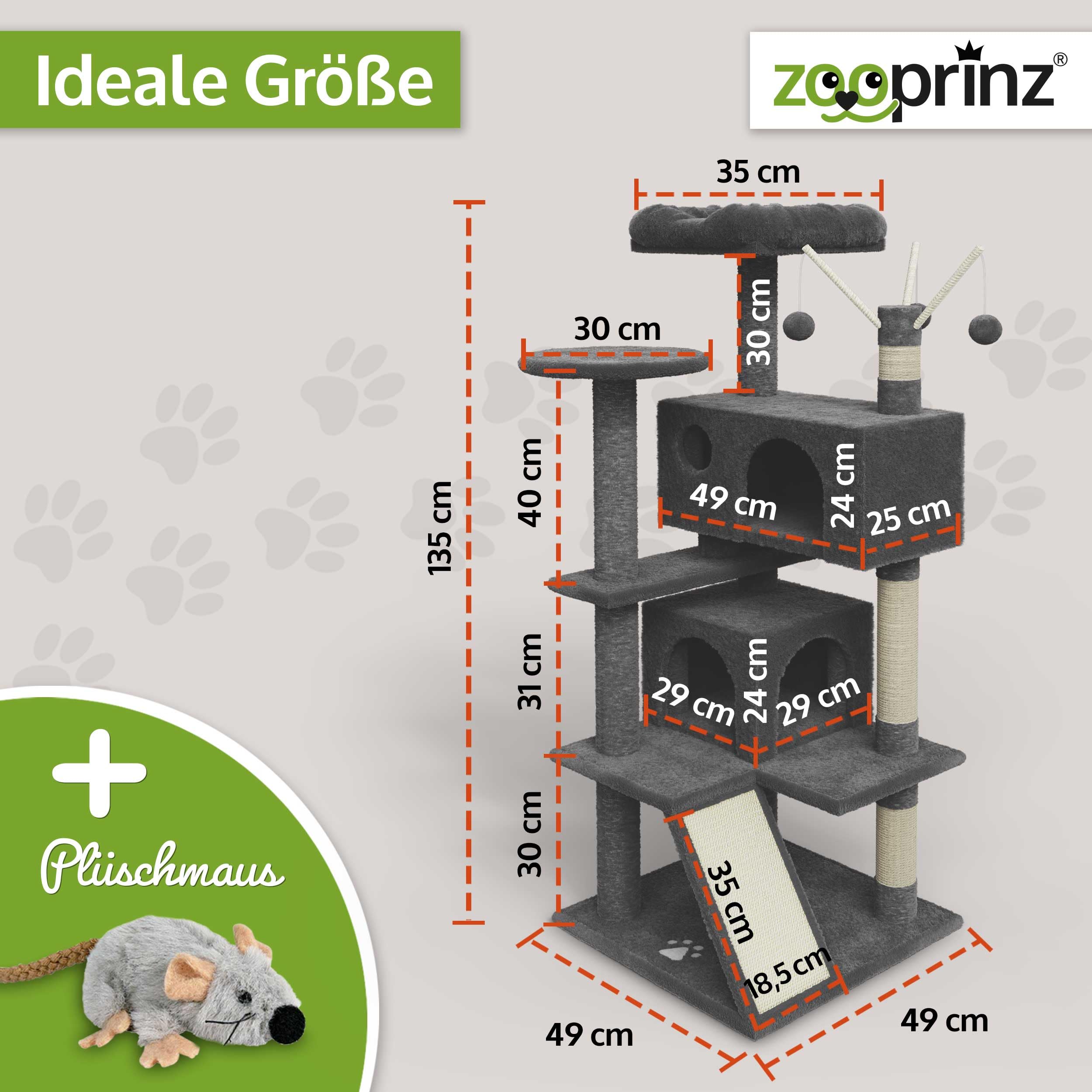 zooprinz Premium Kratzbaum XXL – Katzenbaum für große Katzen | Breiter Kletterturm mit dicken Sisal-Säulen, Höhle, Hängematte, Bällen, Seil und Plüschmaus, Dunkelgrau