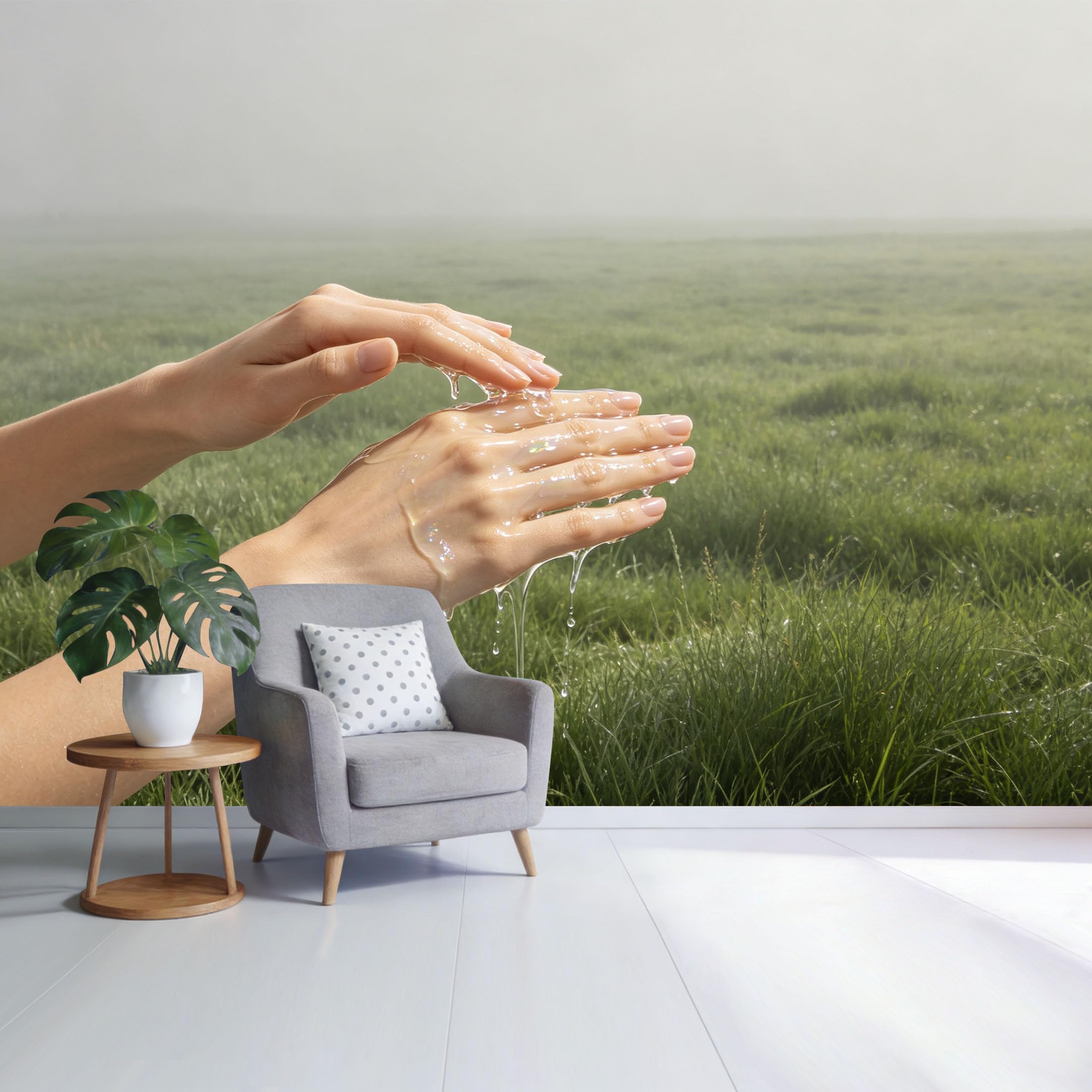 Custom Size Wall Mural Dew Drops on Hands in Misty Meadow Botanical Minimalist SelfAdhesive Wall Fabric Removable Wallpaper for Home Office Decor