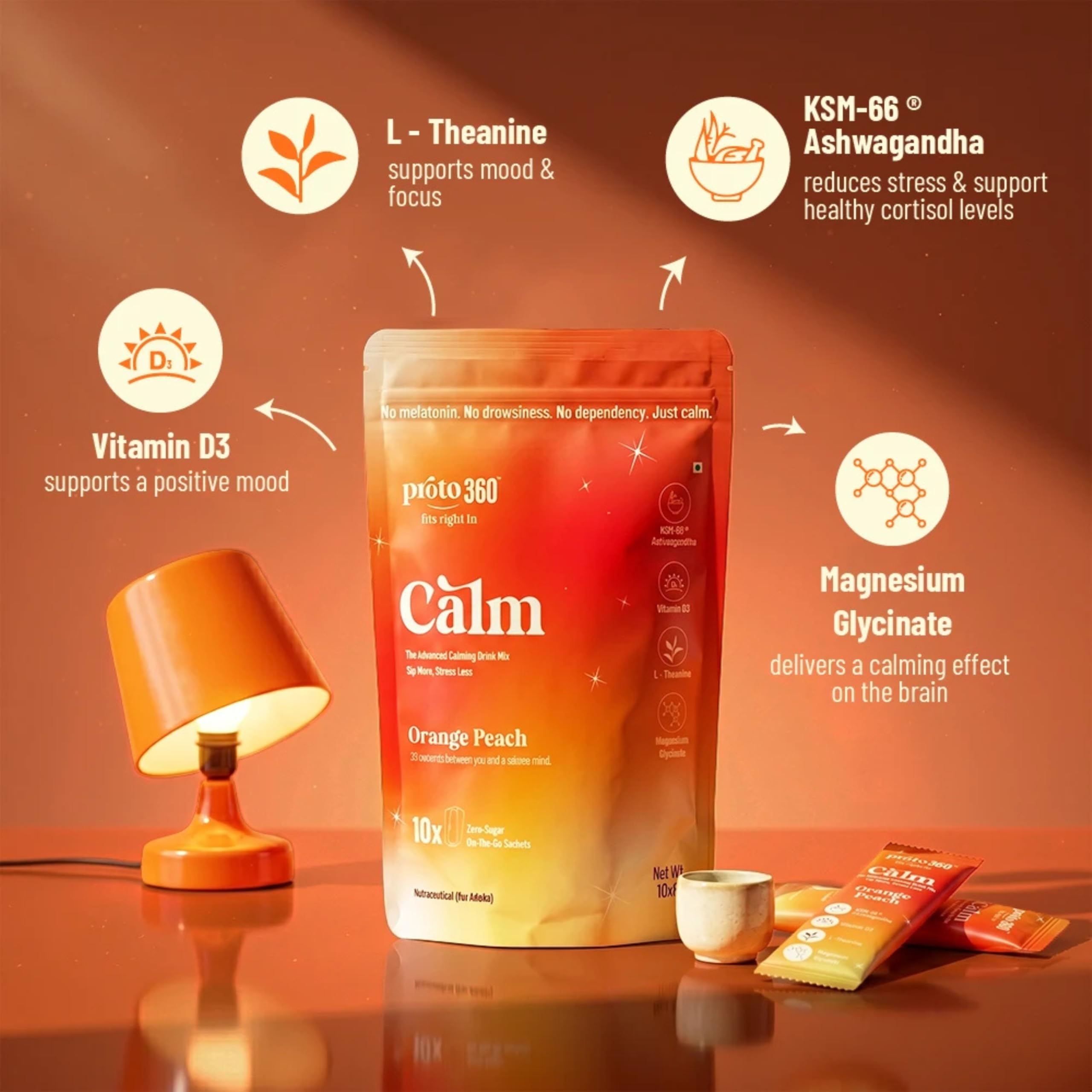 Calm | For Deep Sleep, Relaxation & Calmness | Cortisol Reducer and Sleep Supplement | KSM-66 Ashwagandha, L-Theanine, Magnesium Glycinate, Vitamin D3 | India's First Melatonin Free Calming Drink Mix | Orange Peach (10 Sachets) | Regulates Sleep Cycle | No Added Sugar — Amazon image 2