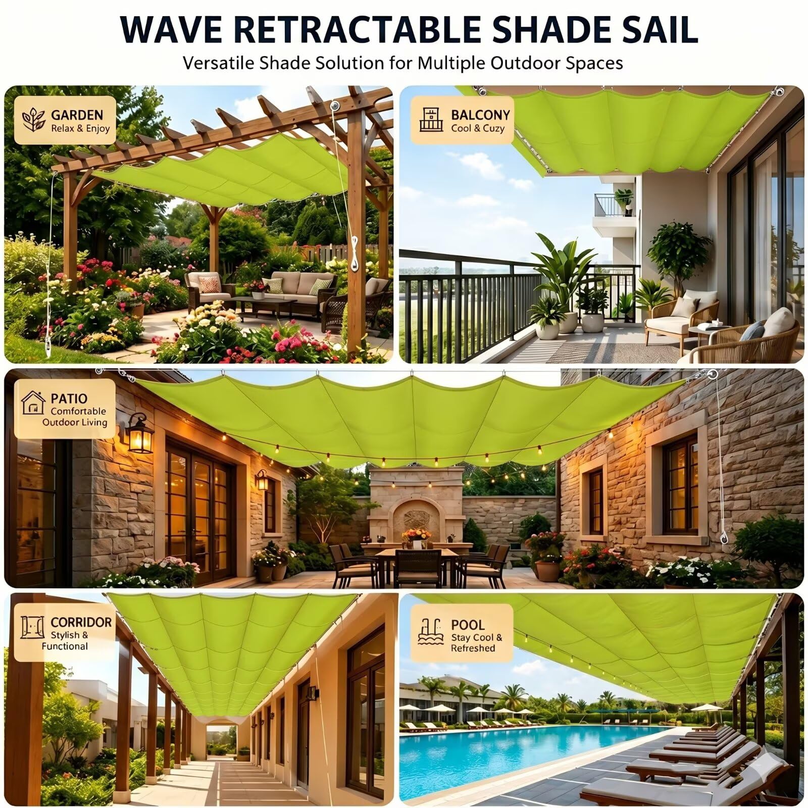 Vela Sombra Rectangular Ondulada 100x550cm Retráctil Impermeable Toldo Exterior Malla de Sombreo Jardín Verde