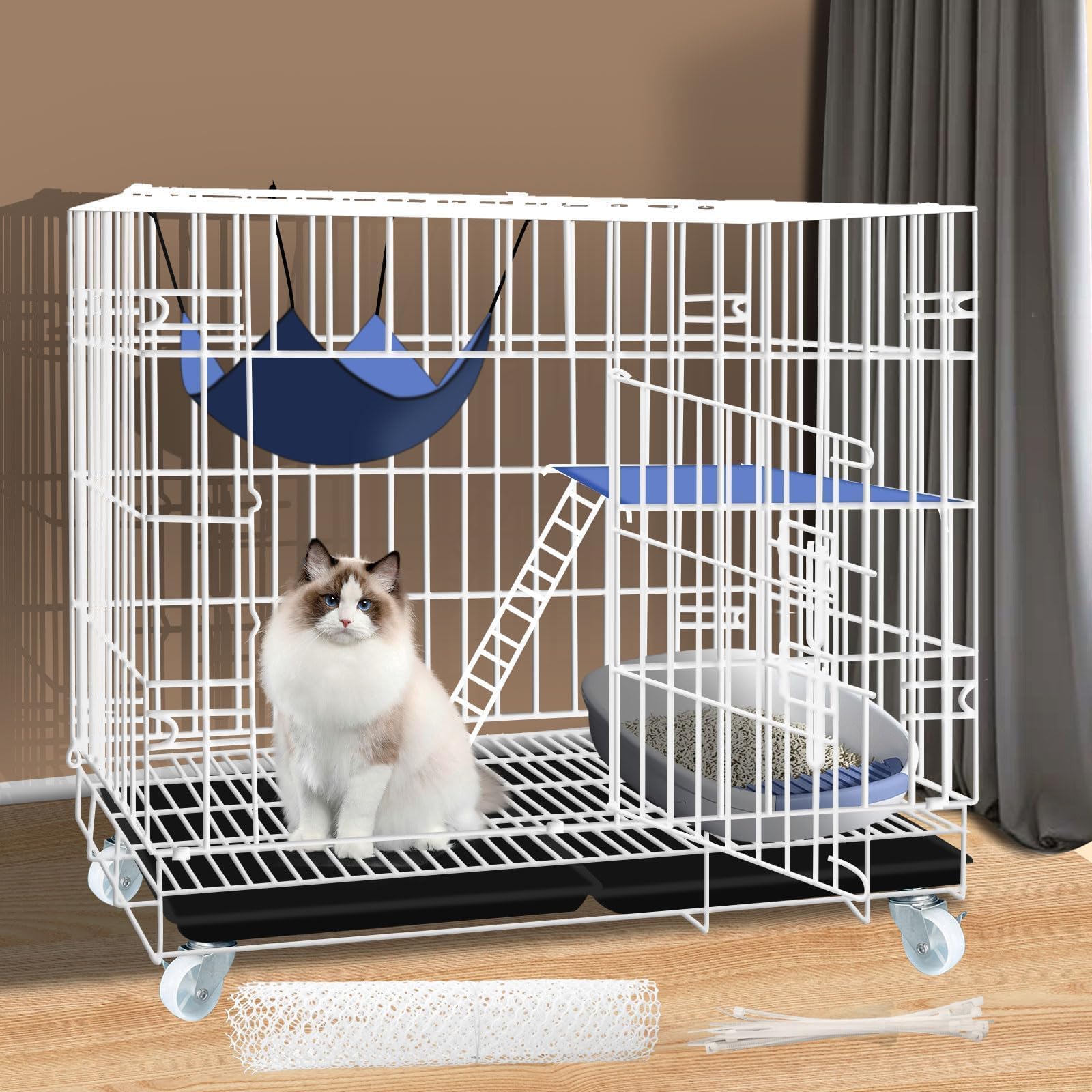 Athvcht 猫ケージ 猫用ケージ 猫ハウス [本体サイズ:68×49×65CM、ホワイト][高さ:65CM] 大型猫用 多頭飼い対応 タイプ 組立簡単 工具不要 折りたたみ可能 移動便利 室内飼い 快適スペース 留守番 高耐久性 ペット用品 梯子付き お掃除らくらく