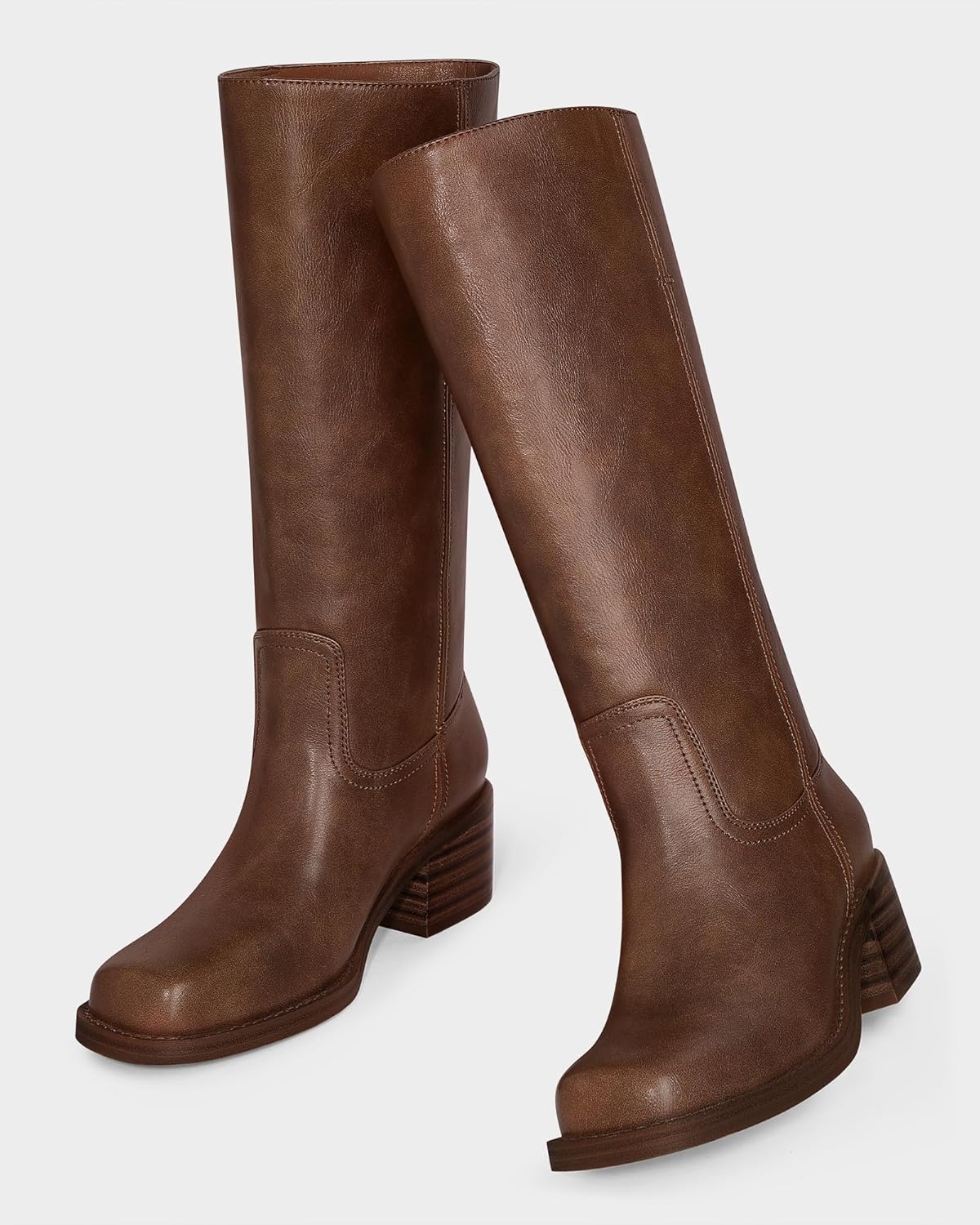 MUCCCUTE Campus Knee High Boots for Women Wide Calf Square Toe Chunky Block Low Heel Tall Long Boots Pull On - Image 9