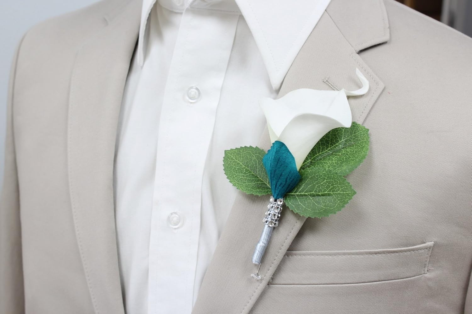 Angel Isabella 4pc Boutonnieres-Artificial Calla Lily Feels Just Like Real-pin Included.Navy Blue Ribbon