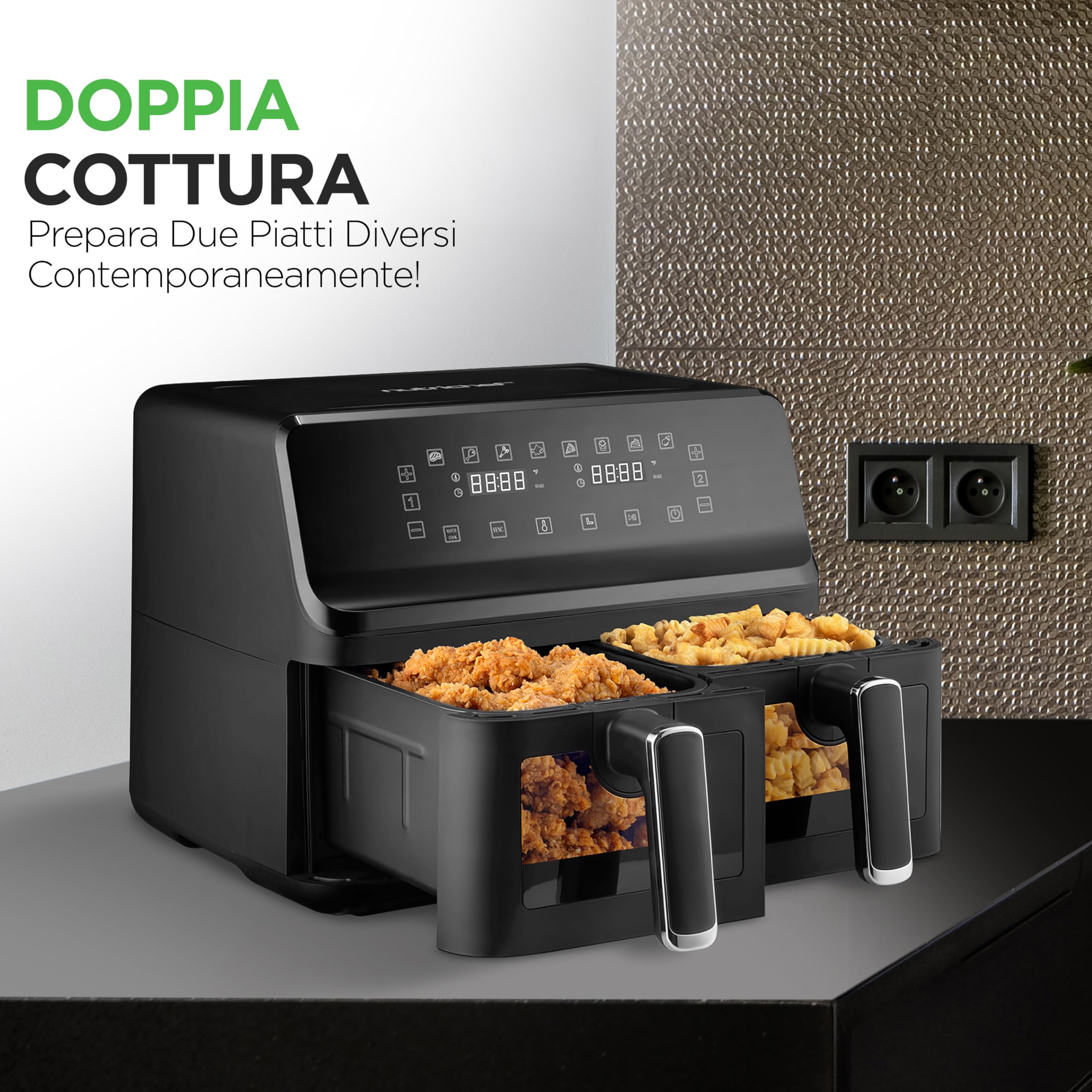 NutriChef Friggitrice ad Aria, Air Fryer Forno Digitale Senza Olio con Cestello o Ciotola Trasparente, Controllo Preciso di Tempo e Temperatura, Perfetta per Pollo, Dolci, Patatine e Bistecca