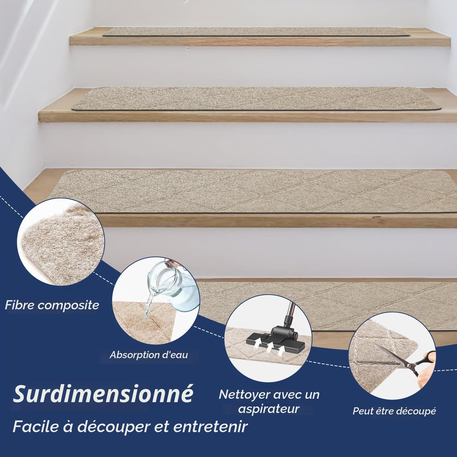 Bocguy Lot de 15 Tapis d'Escalier Antidérapant, 55 x 19 cm Marchettes d'Escalier Autocollantes Intérieur, Découpables, Réutilisables pour Protéger Les Escaliers