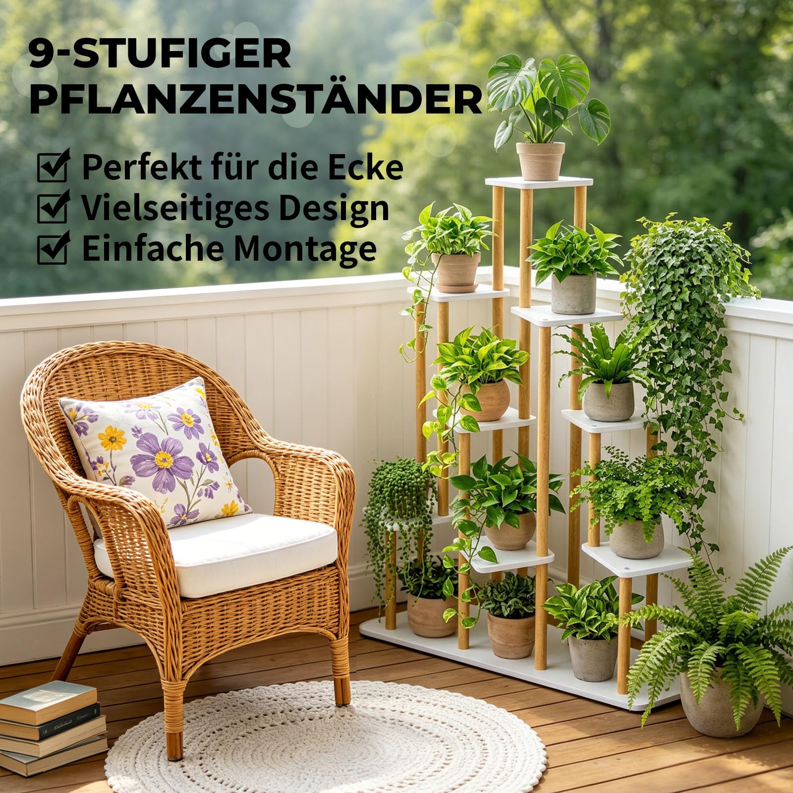 9 Ebenen Blumenständer Pflanzenständer, Mehrstöckig Hölzern Pflanzen | Display Regal Dekoration, Platzsparendes Pflanzenregal für Wohnzimmer, Balkon und Garten
