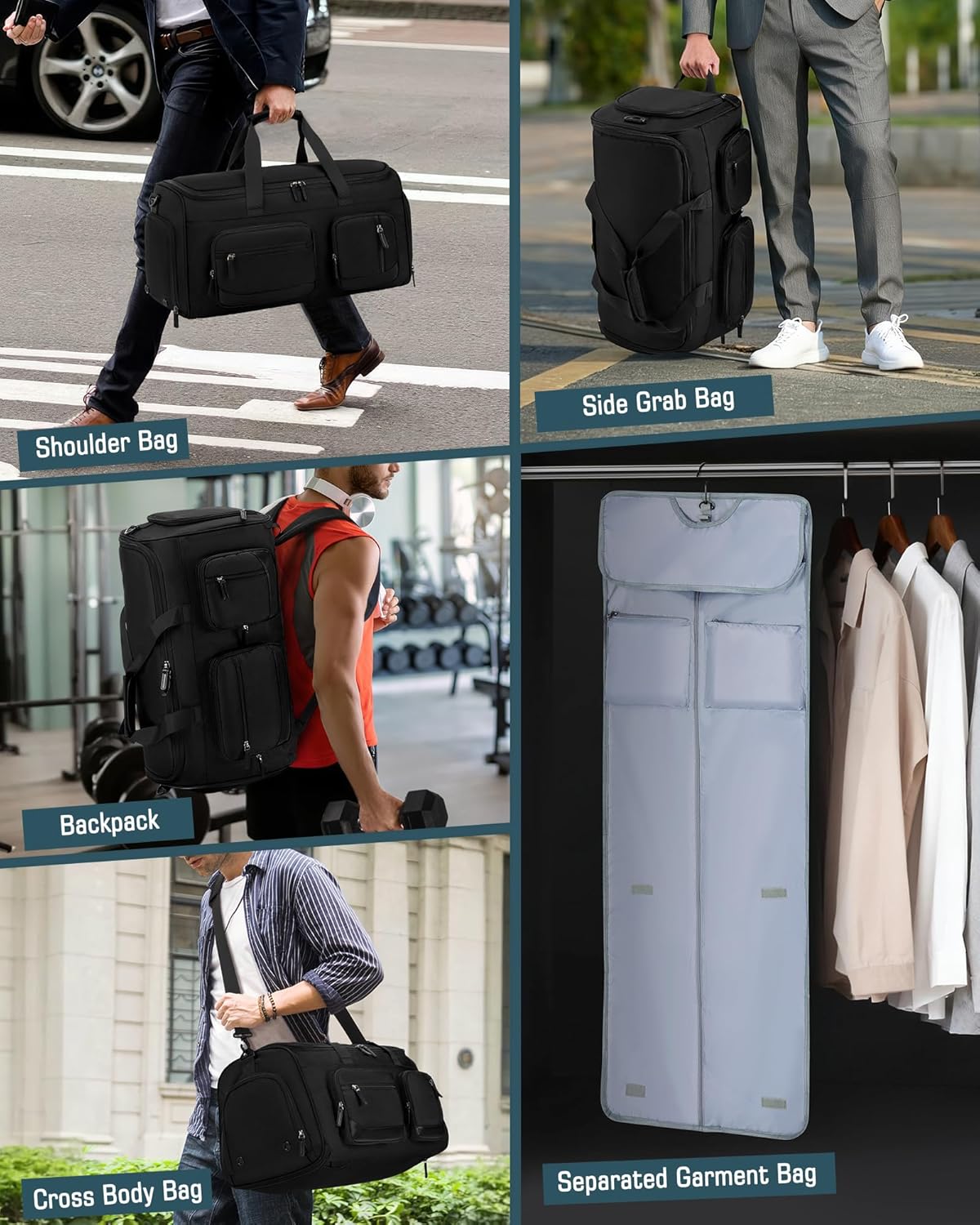 RAINSMORE Convertible Garment Bags for Travel, 45L Garment Duffle bag for Hanging Clothes, 3 in 1 Suit Travel Bag for Business Trips with Shoulder Strap, Carry On Suit Luggage for Men Women, Black - Image 7