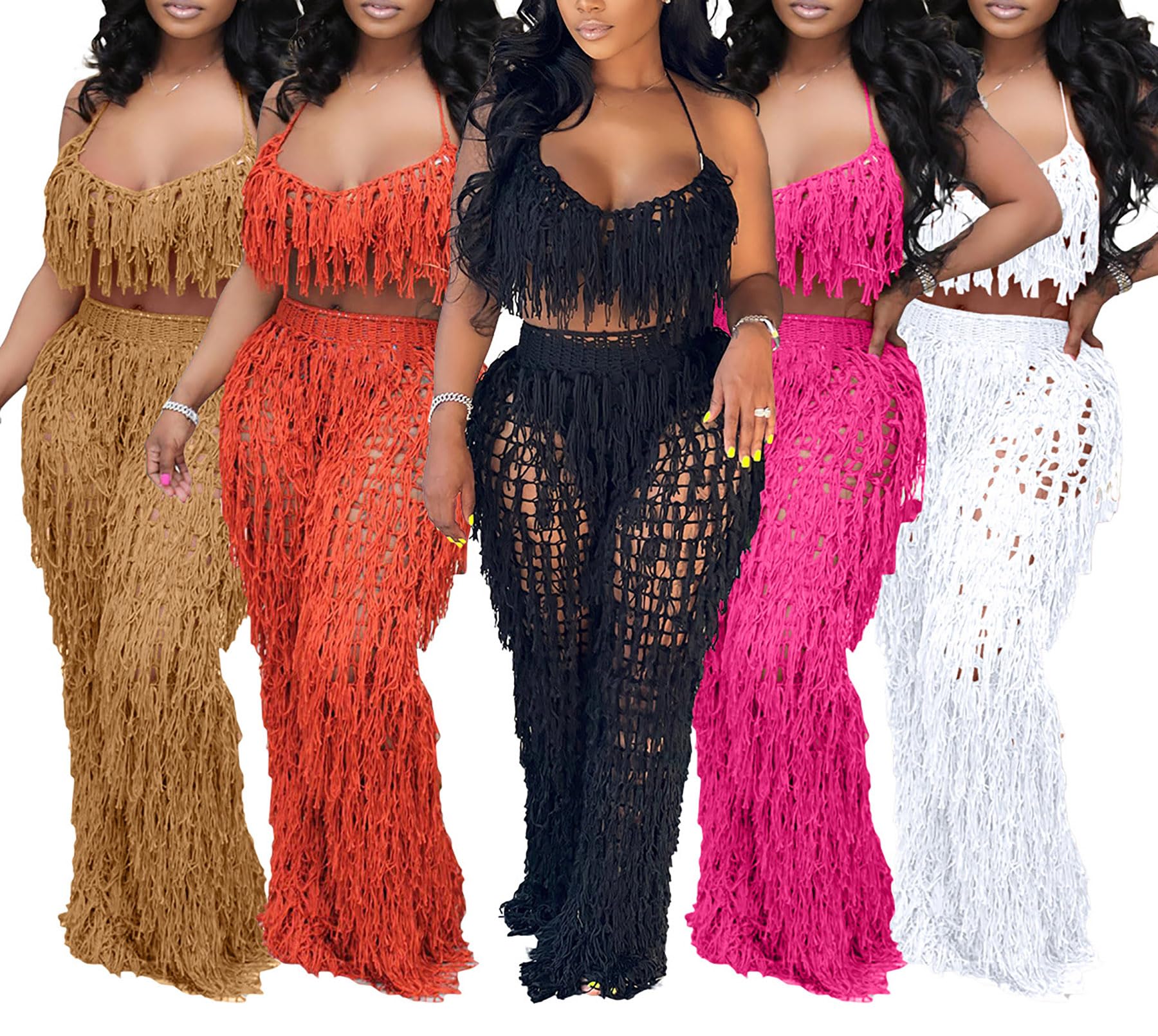 Tbahhir Conjunto de 2 piezas para mujer, sexy, de ganchillo, bikini, para playa, parte superior halter, pantalones con flecos