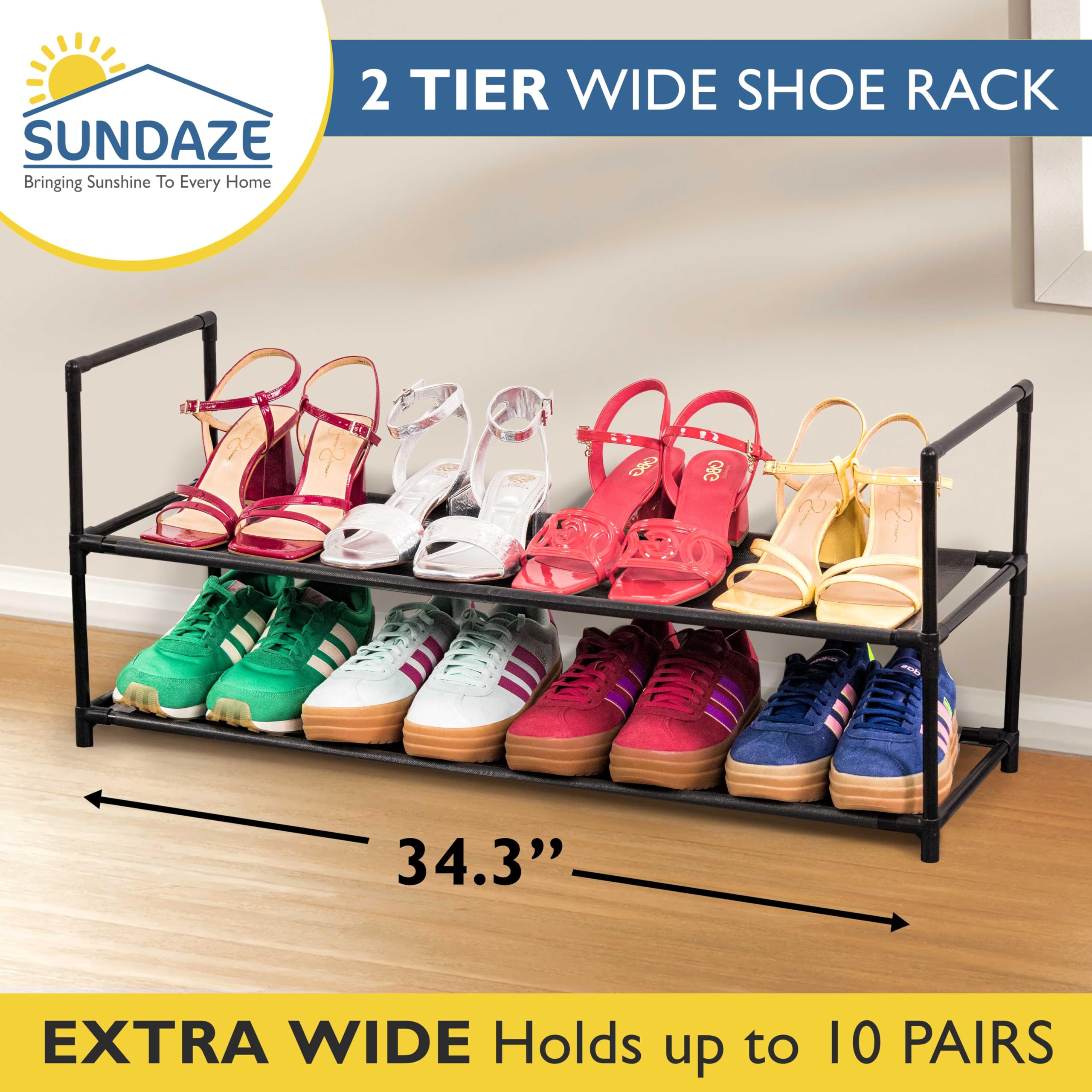 Sundaze Shoe Rack - 2 Tier Shoe Organizer, Sturdy Long Shoe Rack for Closet, Bedroom, Entryway, Garage, Non Woven Fabric Shelf, Black, Holds Up to 10 Pairs