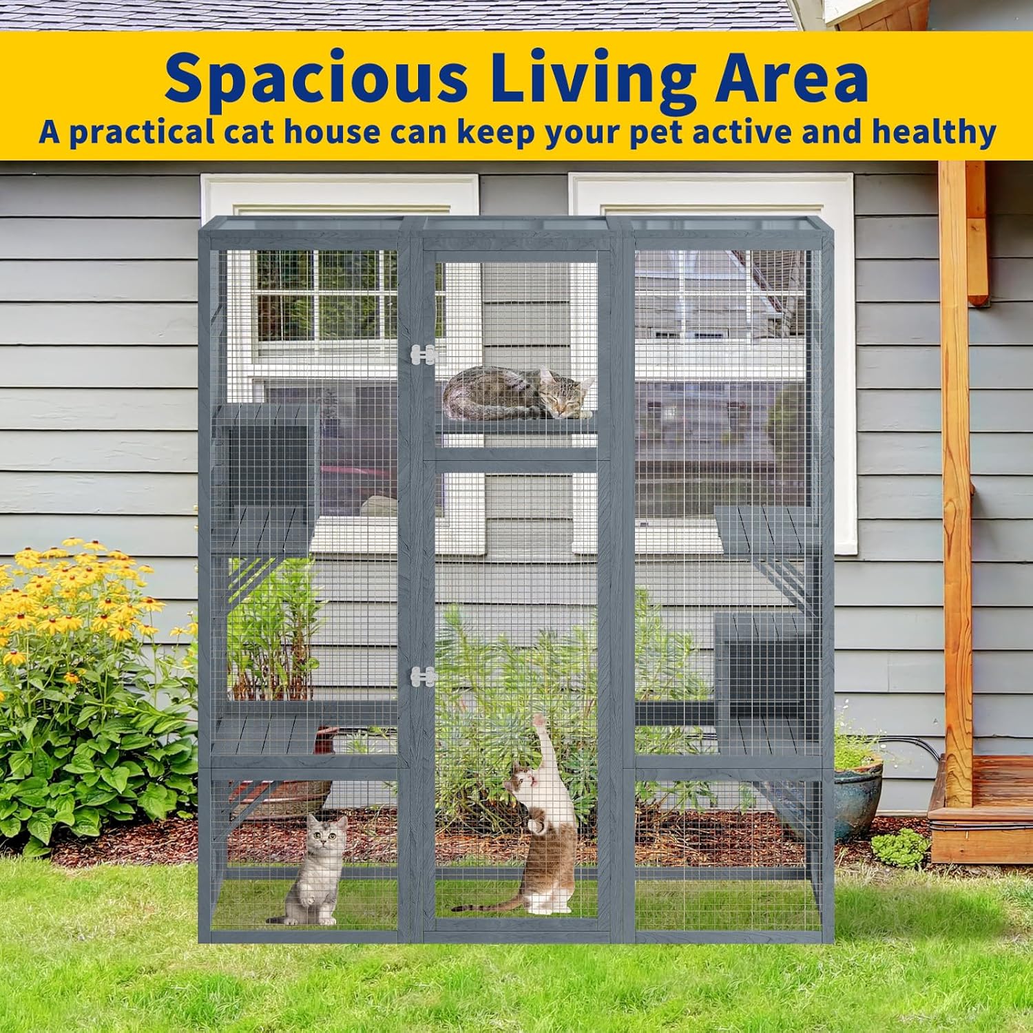 Catio, Large Outdoor Cat Enclosures, Fir Wooden Outdoor Cat House with 7 Platforms, 2 Resting Room, Cat House with Waterproof, UV Protection Roof, 61.8''L* 32.3''W* 70''H