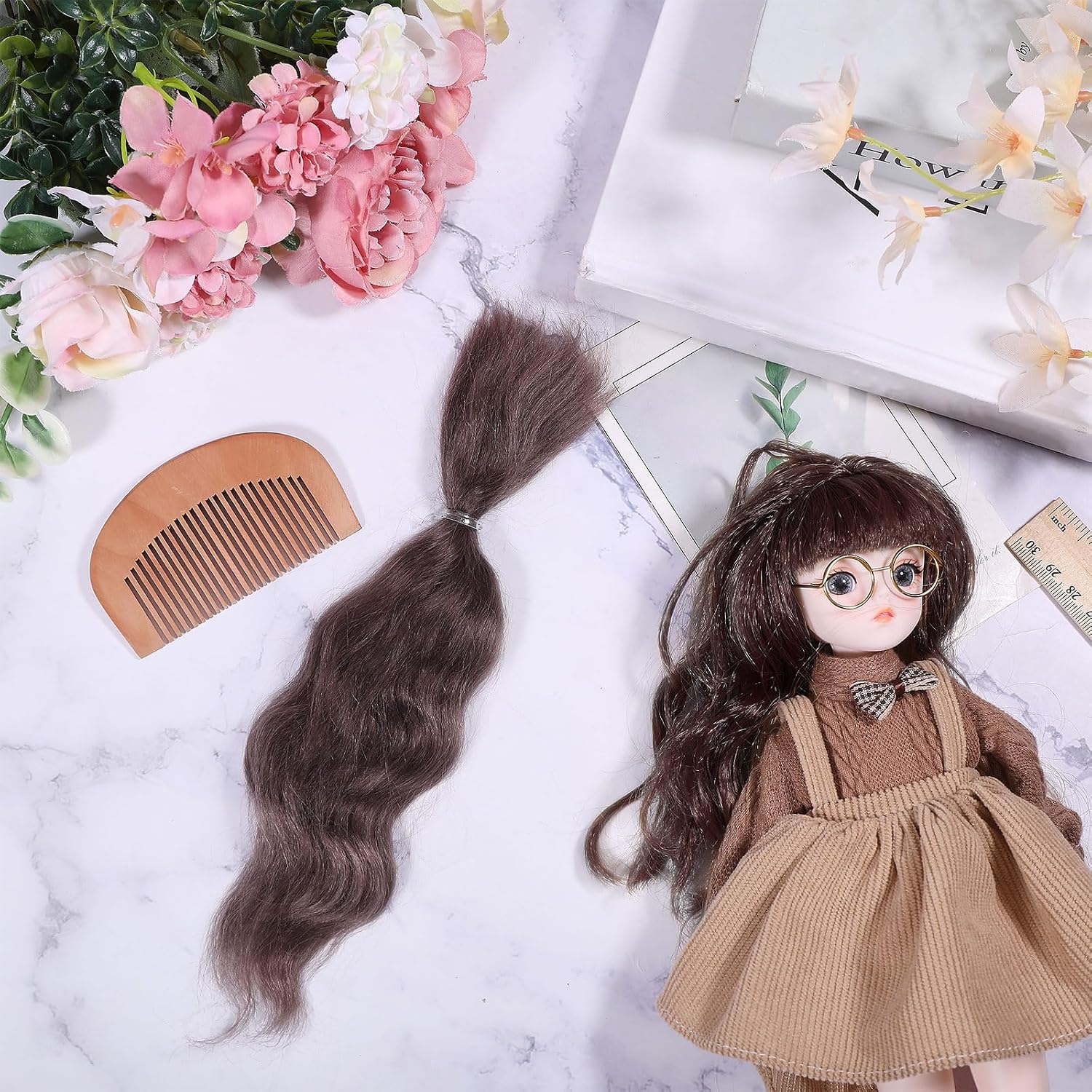 GLOBLELAND Black Brown Doll Wig Hair 20CM Long Hair for Making Doll Wig Soft Flexible Thick Synthetic Hair Fashion Dolls & Accessories for Doll Making DIY Arts and Crafts