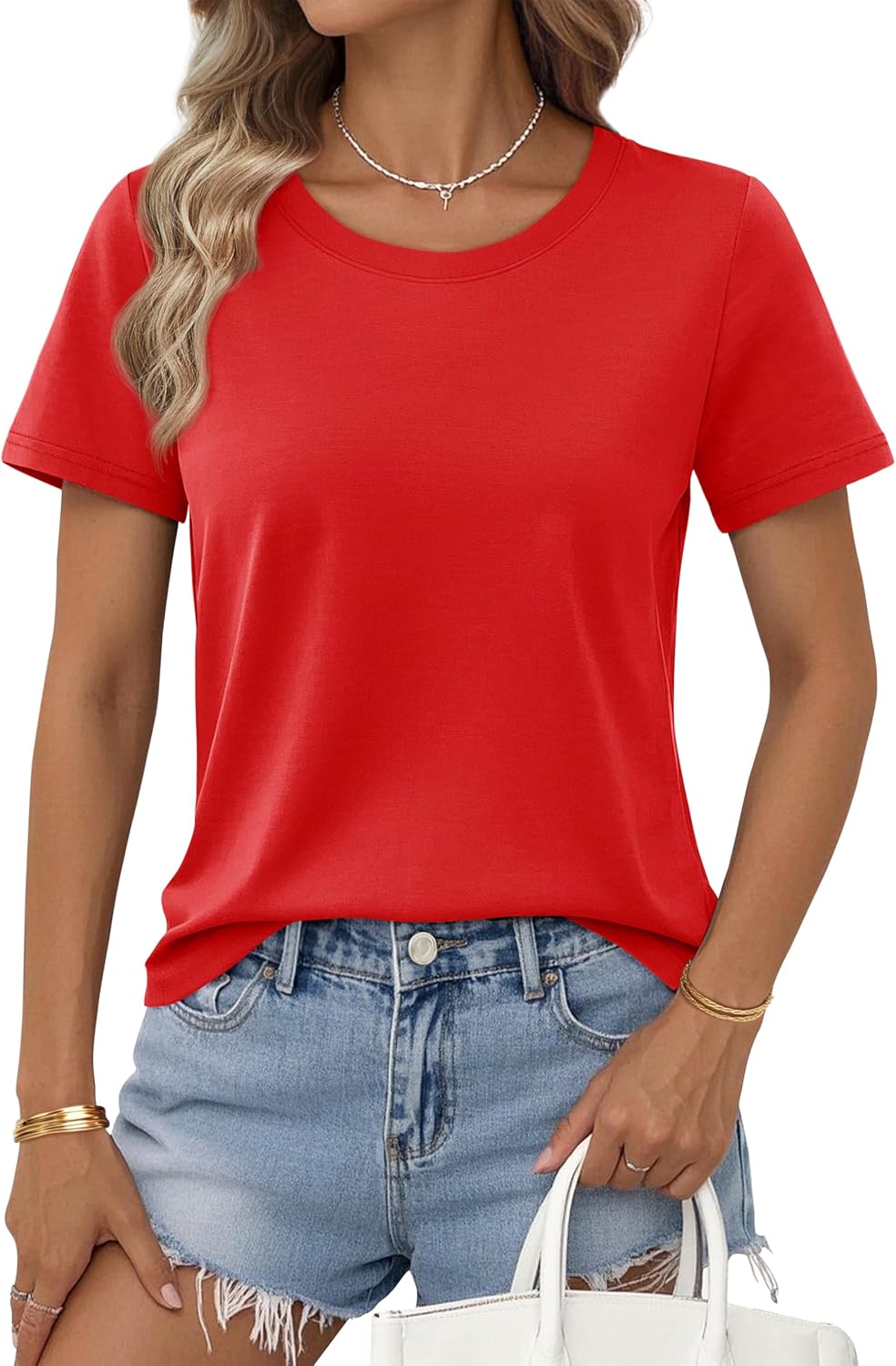 YUCOLEN Women's Cotton Tshirts Crew Neck Short Sleeve Shirts for Woman Basic Soild Color Breathable Summer Trendy Tees