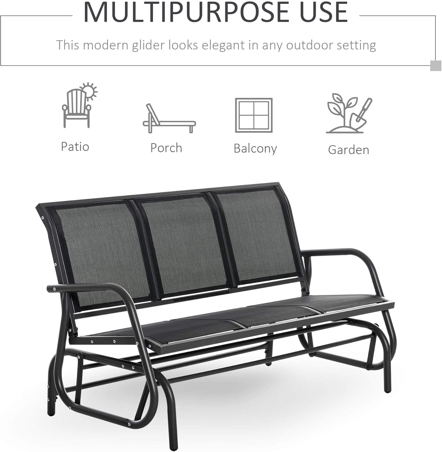 All-Weather Comfort Patio Glider, 3-Seat Outdoor Swing with Cooling Breathable Mesh Fabric, Sturdy Black Metal Frame for Lasting Support and Relaxation