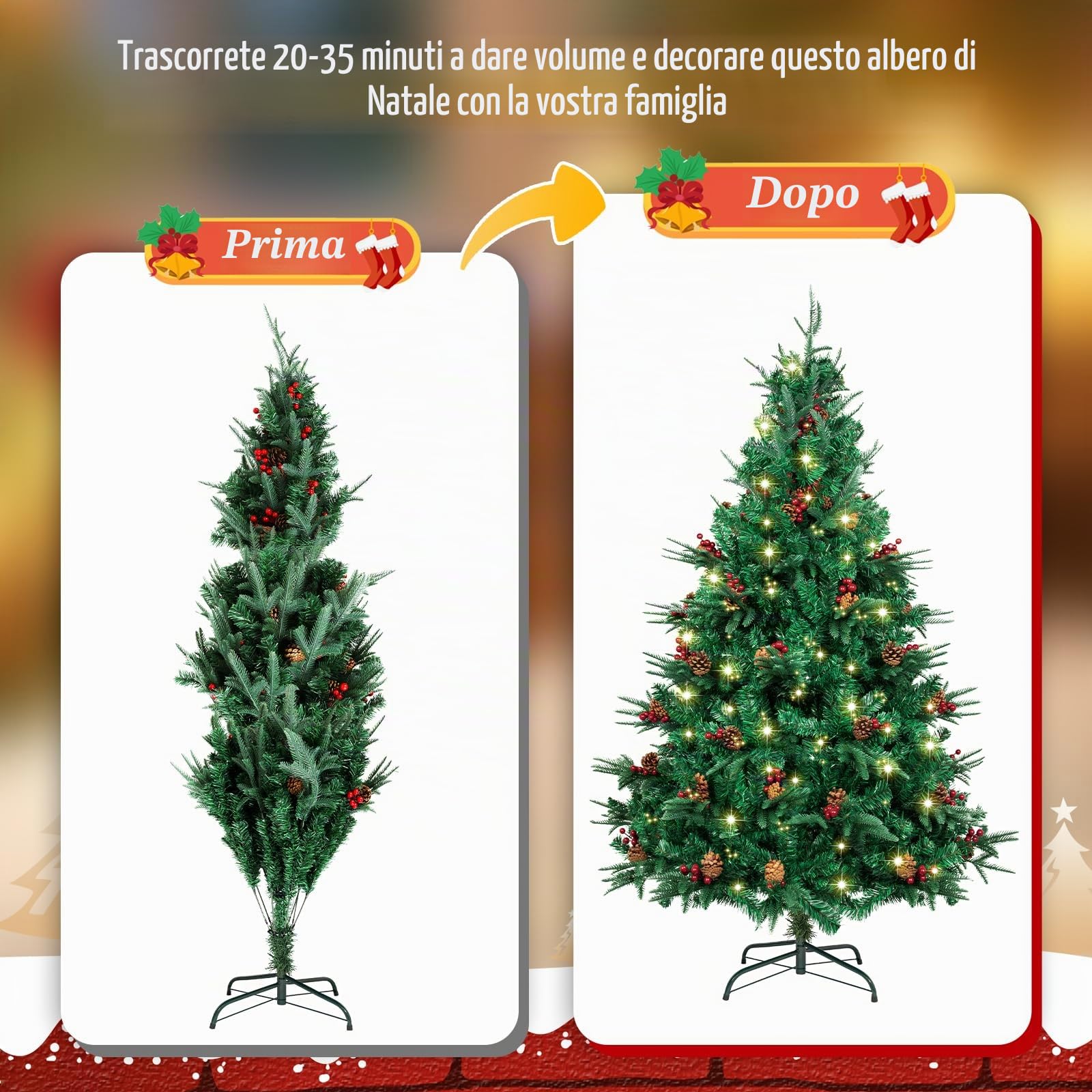 AGM 210 cm Albero di Natale, 900 Rami, con Luci a Corda da 500 LED, Albero di Natale Artificiale con Aghi di Pino Misti, Bacche Rosse e Cerniere e Base