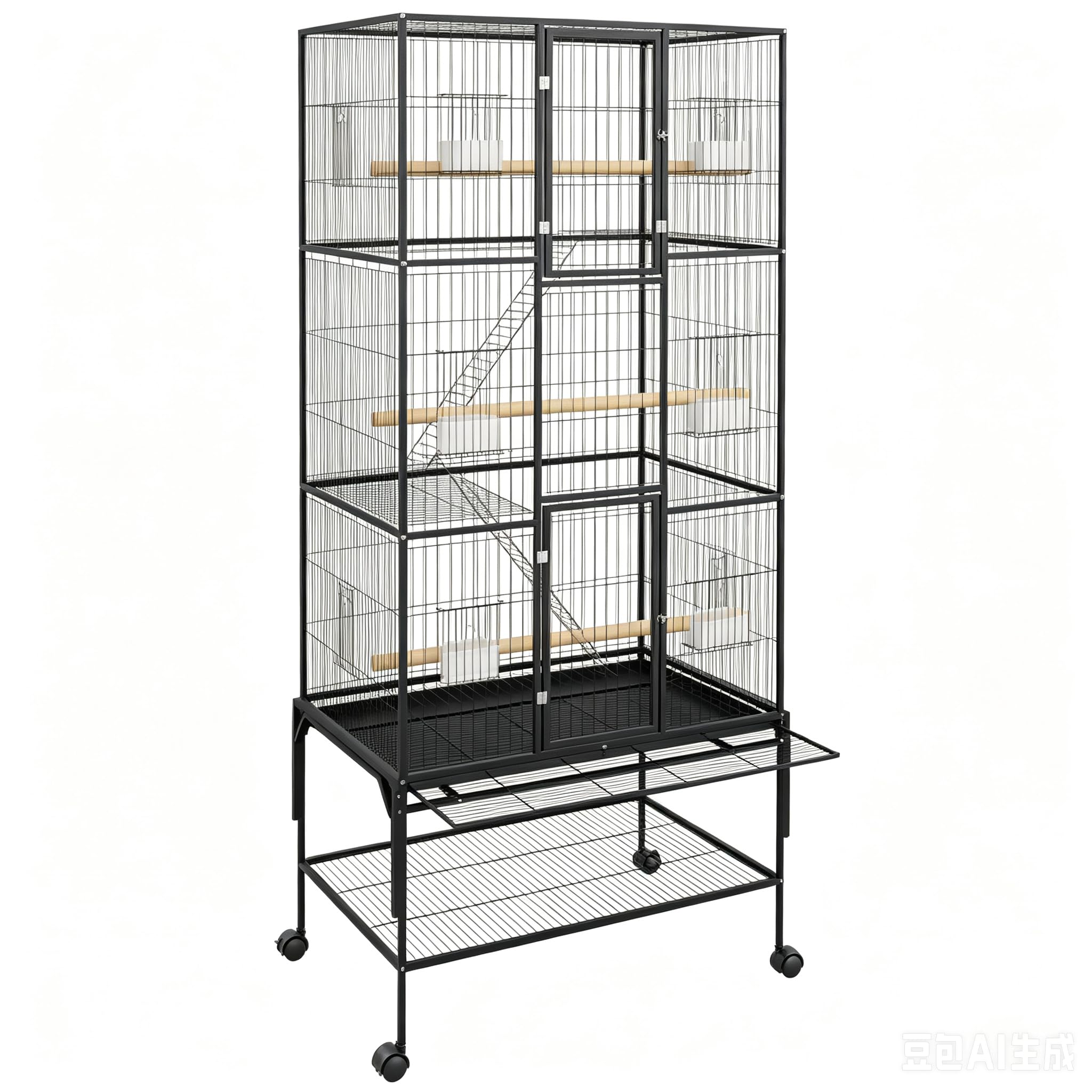 XXL Vogelkäfig Voliere 181,6 cm Hoch, Großer Käfig für Papageien mit Rollen und herausnehmbarer Schublade, Gitterabstand 1cm, klappbarer Metallkäfig für Wellensittiche Nymphensittiche, 70x49,5x181,6cm