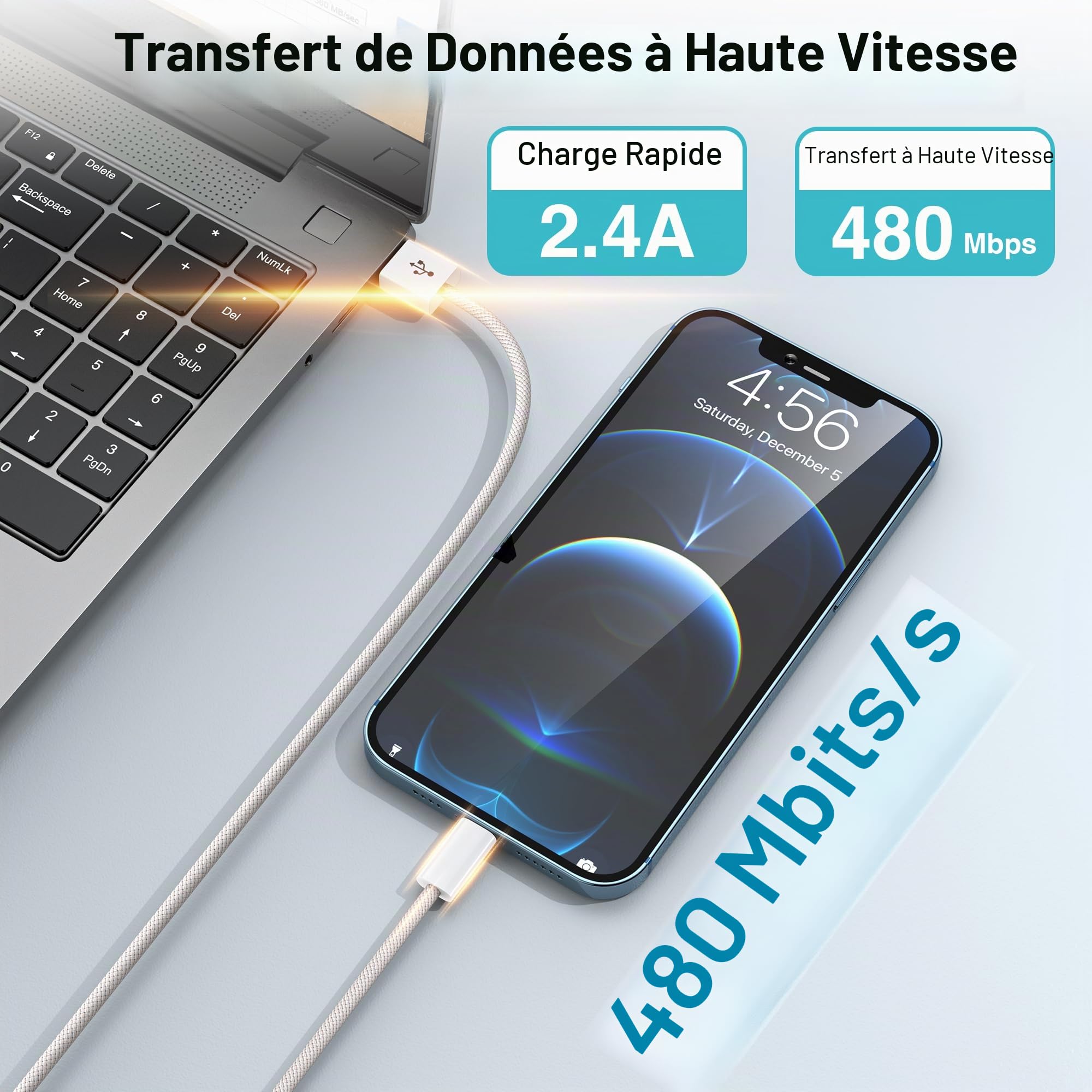 Câble iPhone Chargeur Lightning MFi Nylon Tressé Ultra Résistant Charge Rapide 1M+1M pour iPhone 14 13 12 11 Pro Max