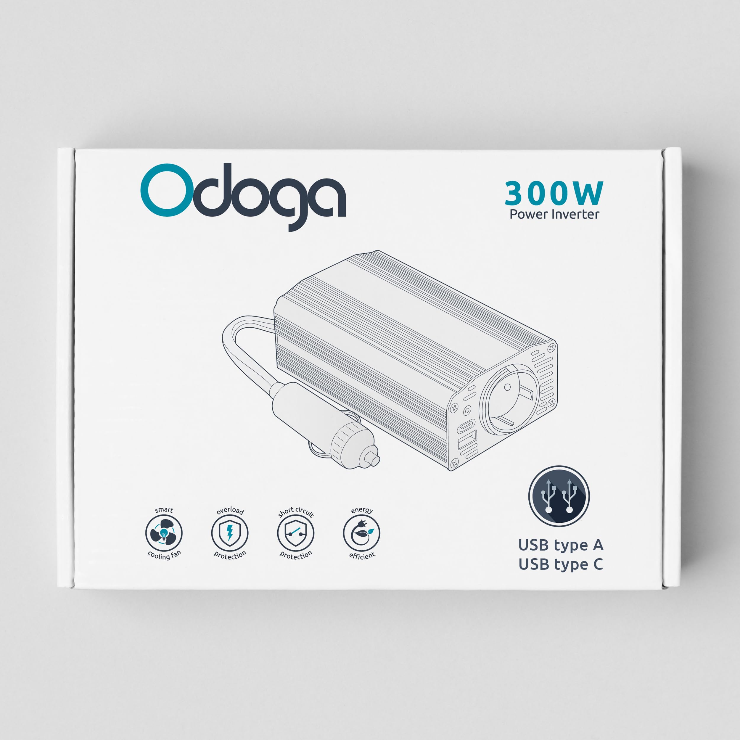 Odoga Convertisseur 12V 220V Voiture – Transformateur 300 W, Onduleur, 3A Port USB-C et USB-A, Convertisseur de Tension, Recharger Votre Ordinateur Portable, Ipad, Iphone et Plus
