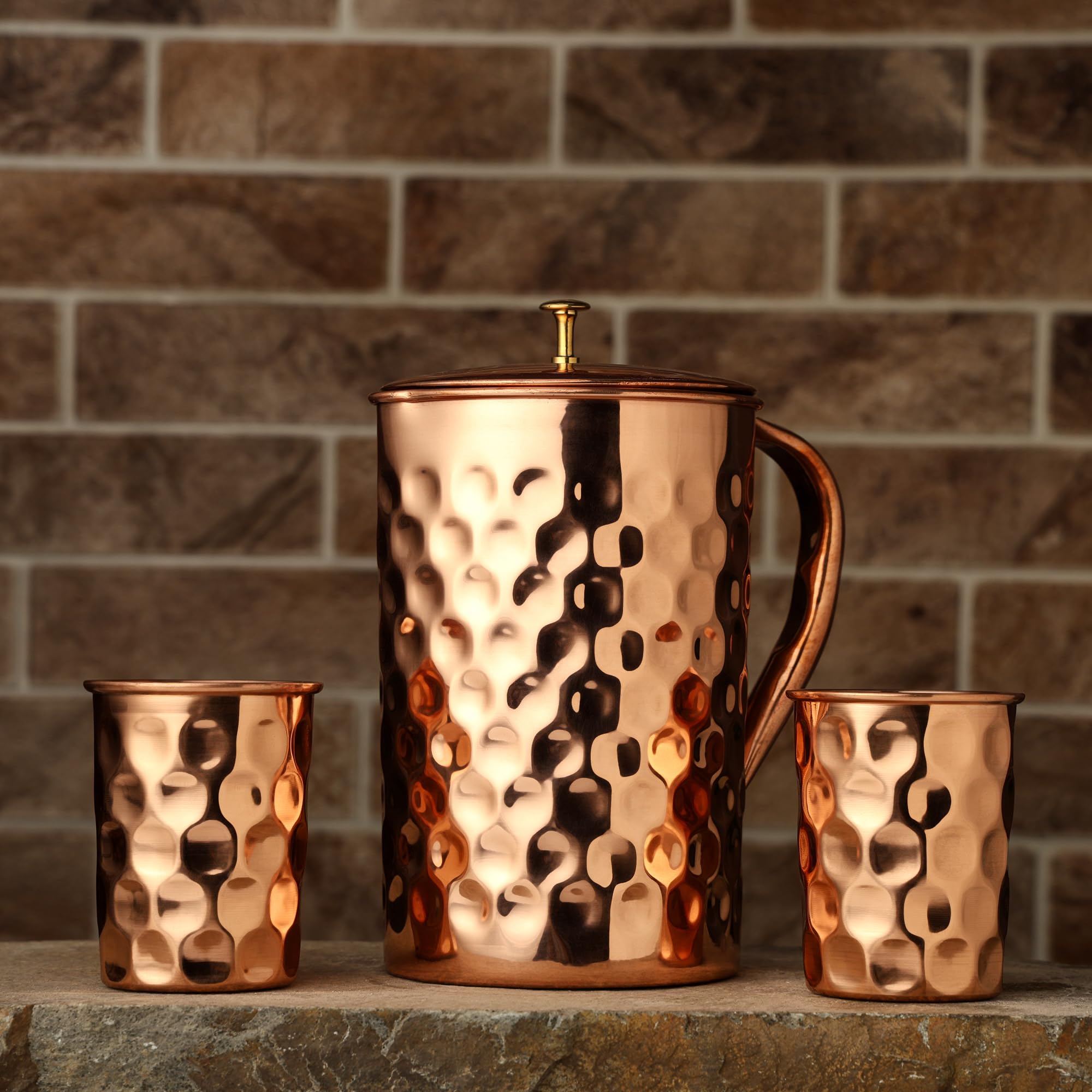 Pure Copper Pitcher with a Lid, Large Size Solid Copper, Copper Water Diamond Jug with 2 glasses, Capacity 54 Oz/1600 ml, Copper Carafe For Home, Hotels & Gifting